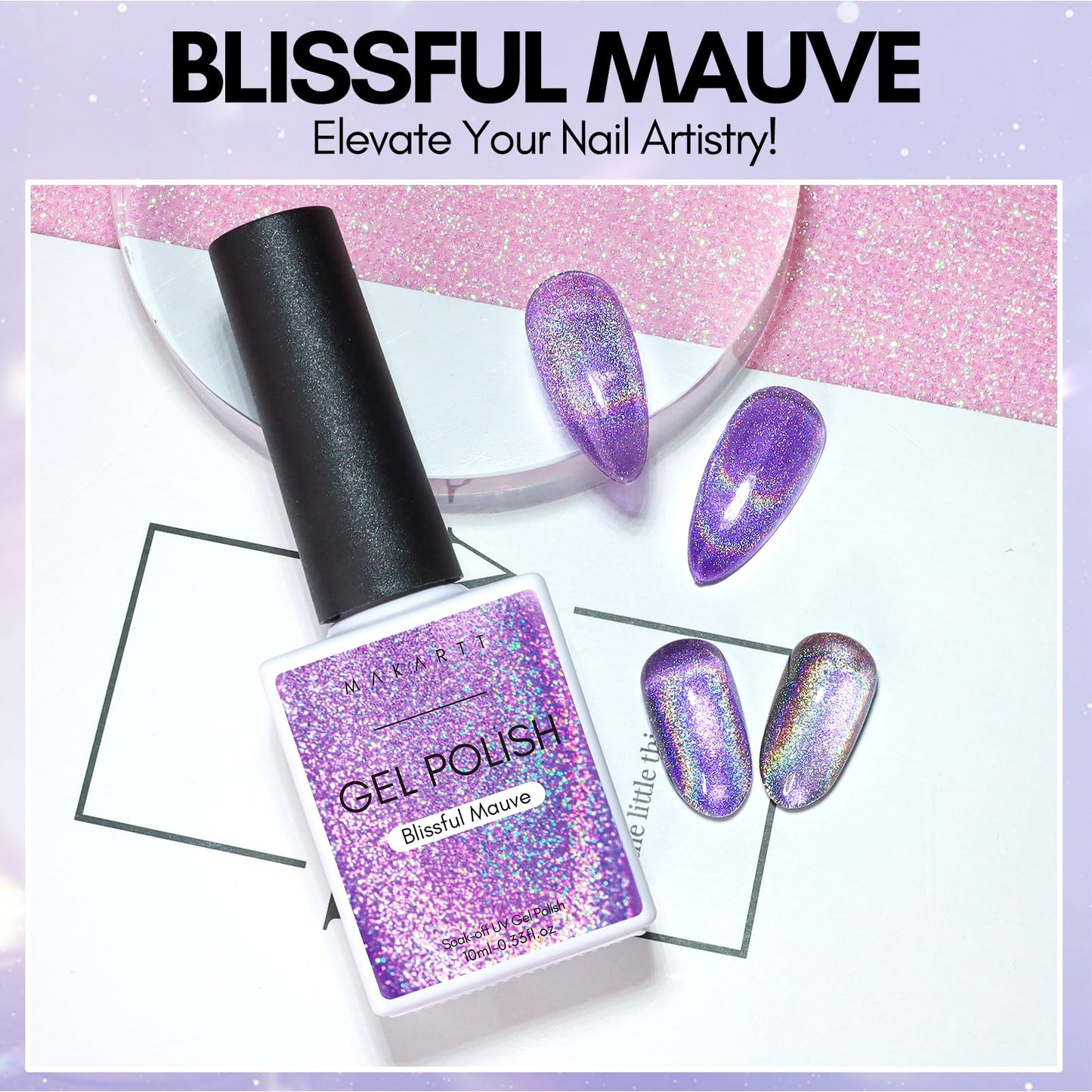 Makartt Gel Nail Polish Cat Eye Holographic Gel Polish Blissful Mauve Universal Rainbow Sparkly Glitter Unique Magnetic Effect Nail Gel for DIY Nail Art UV LED Soak Off Manicure 10ml