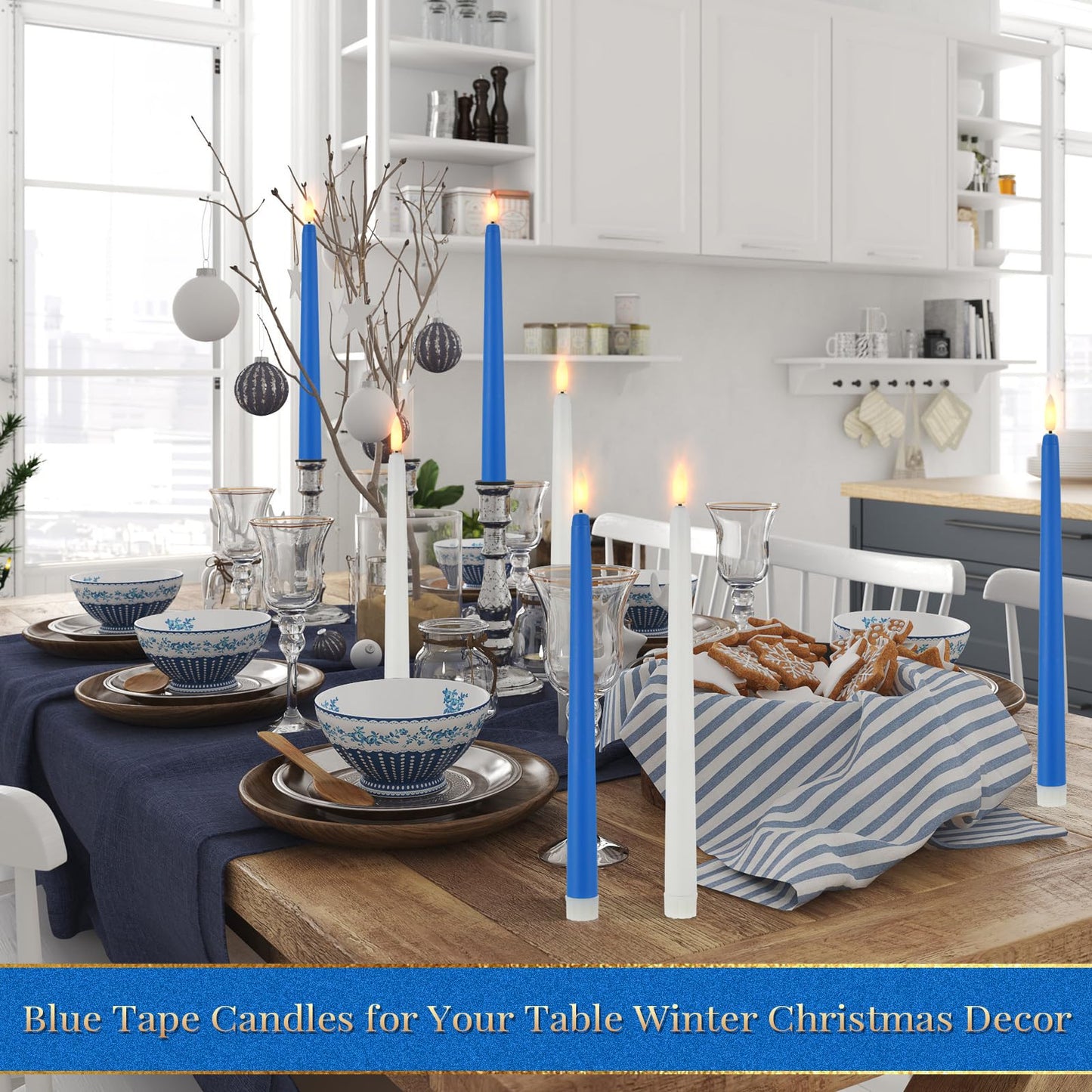 Macarrie 24 Packs Flameless Taper Candles Battery Operated 11 Inch Long Candle Light LED Flameless Candlesticks Fake Candles Flickering Tapered Candles for Wedding, Christmas(Blue, White)