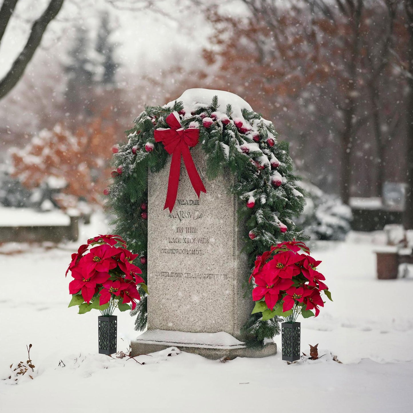 Memobloom Christmas Cemetery Flowers for Grave: 2 Pcs Artificial Red Poinsettias Bouquets for Cemetery Decorations