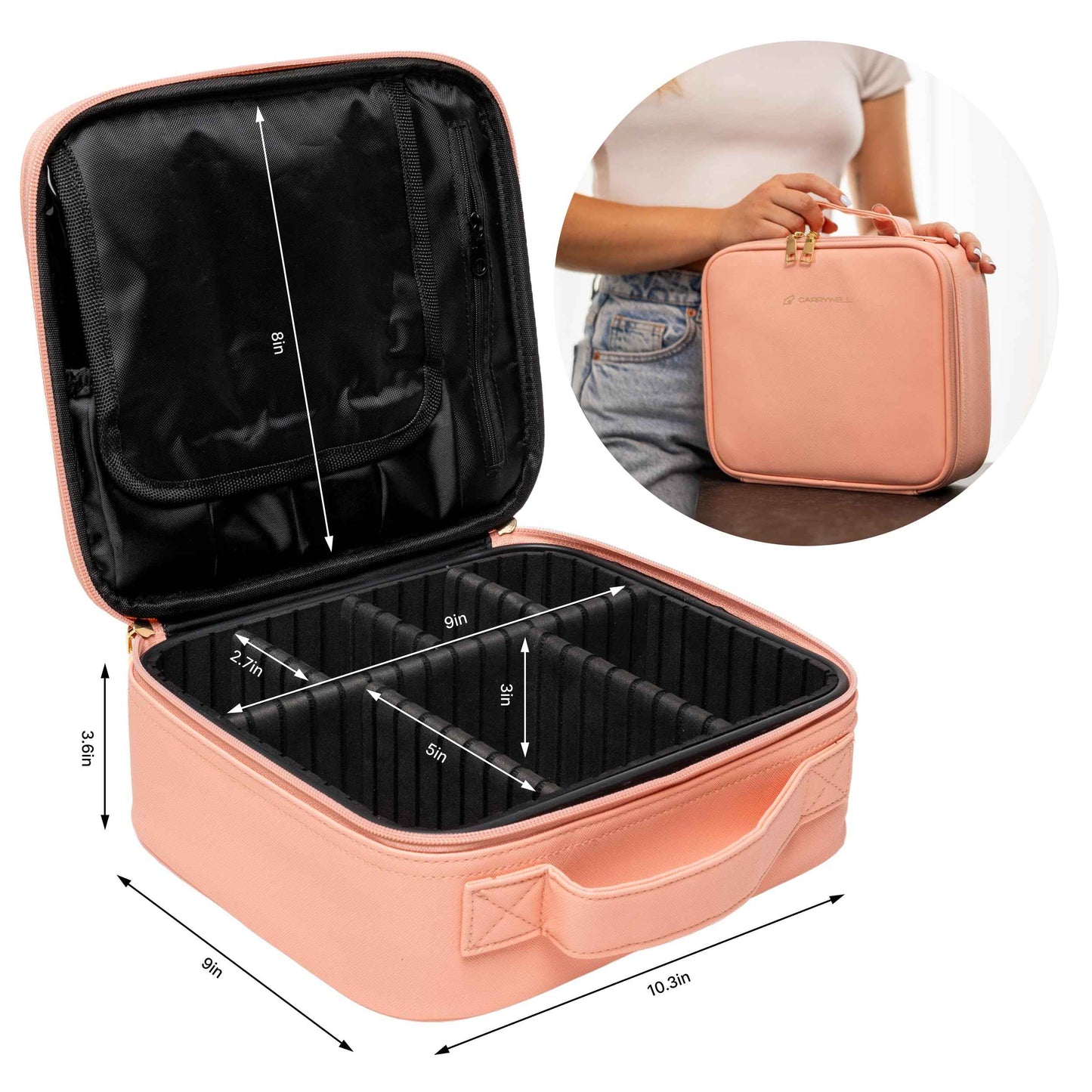 (Not Made In China) Makeup Bag Travel Case, Train Case for Cosmetics, Portable Beauty Organizer, Cosmetic Storage Bag With Adjustable Dividers For Make Up and Brushes
