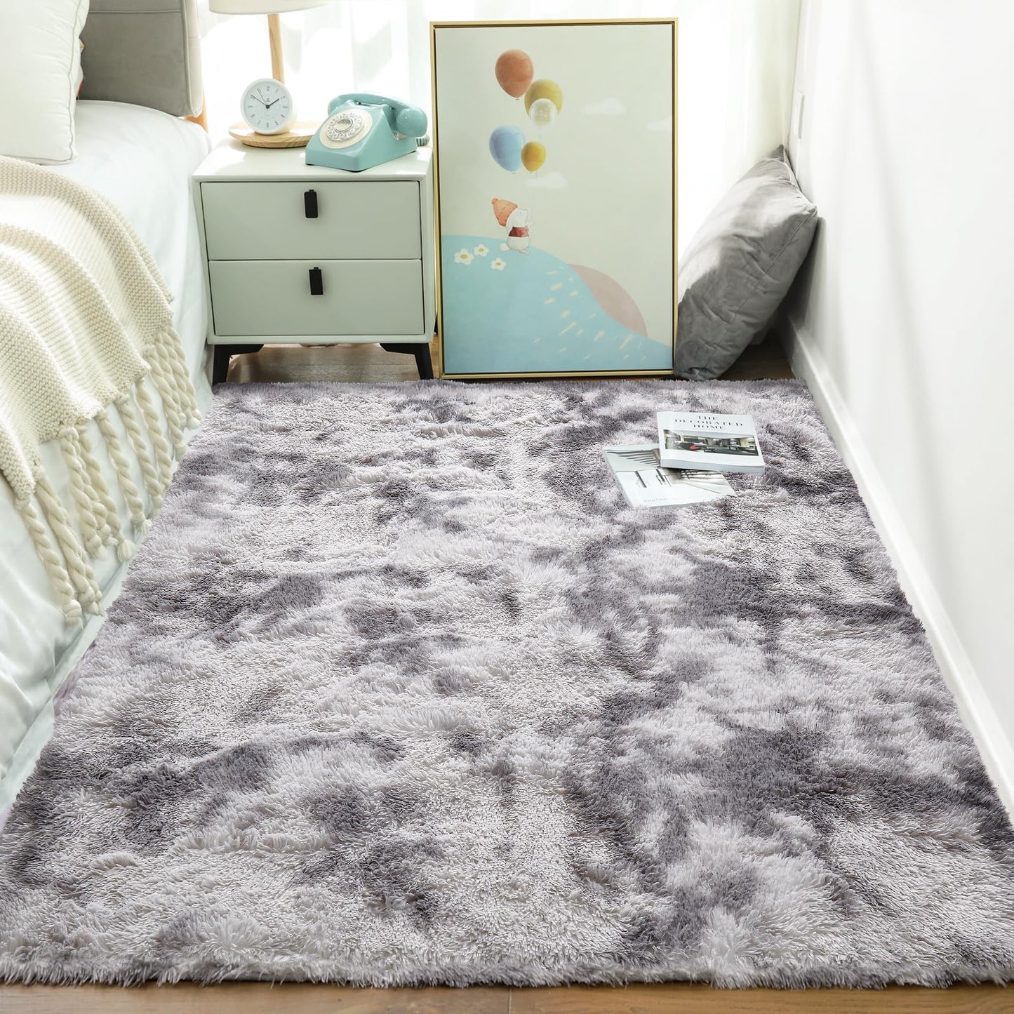 Ophanie 4x6 Tie-Dyed Grey&White Area Rugs for Bedroom Living Room, Fluffy Shag Large Fuzzy Plush Soft Throw Rug, Gray Large Shaggy Floor Big Carpets, Kids Home Decor Aesthetic, Nursery