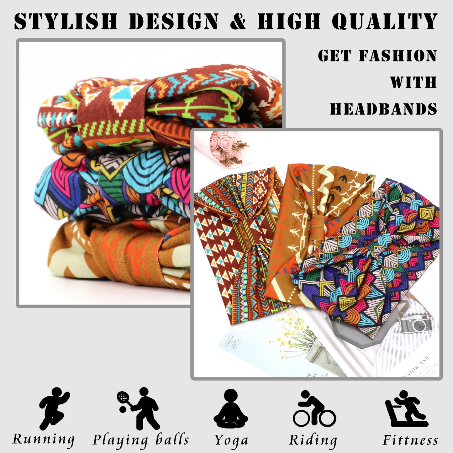 FULZTEY Wide African Headbands for Women Boho Knotted Head Bands Elastic Thick Headwraps Turban Fashion Fabric Bandanas Non Slip Yoga Sports Workout Hairbands for Women's Hair Accessories 3Pcs