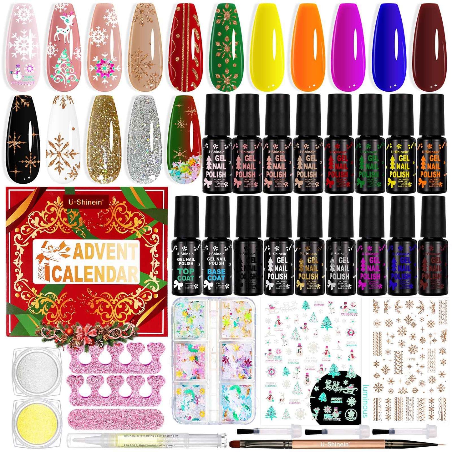 U-Shinein Nail Polish Advent Calendar 2025，24-Piece Nail Varnish Advent Calendar Christmas Calendar for Women and Girls, Nail Polish Colours Kit, Nail Art Tool Glitter Decorations Care and Accessories