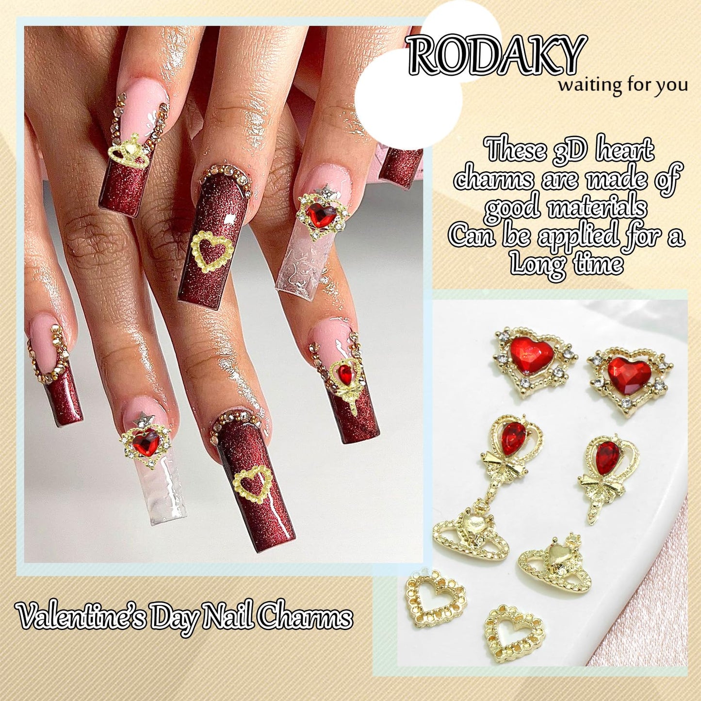 RODAKY 40PCS Valentine's Day 3D Heart Charms Gold Nail Charms Red Crystal Rhinestone Nail Jewels Hollow Heart Crown Shape Nail Gems Decoration Nail Art Supplies for Women and Girls