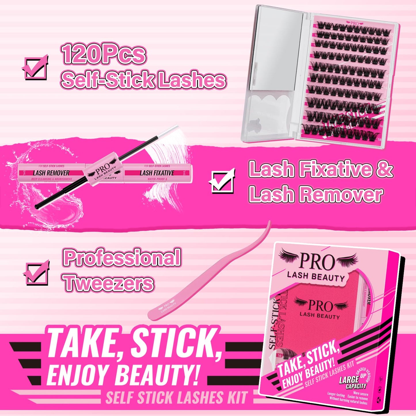 PRO Self Adhesive Eyelashes Kit Press On Lashes 120pcs Lash Clusters Lash Fixative Lash Remover Lash Applicator Eyelash Extension Kit Easy To Apply Lash Extension Kit (Into You-01,D-10-18mix Kit)