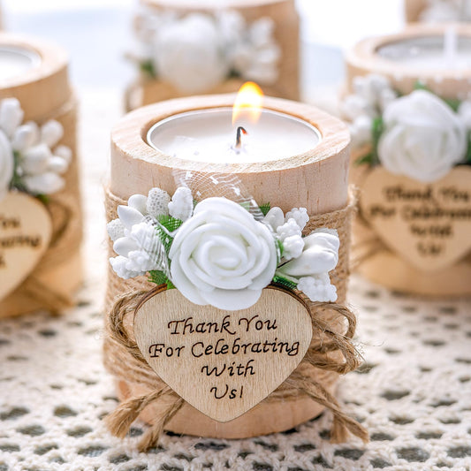 Ju's Favors 10 Piece Set of Wooden Tealight Candle Holders, Wedding Party Guest Favors, Thank You Favors, Guest Return Favors, Bridal Shower, Housewarming Gifts for Guests. (Light Brown+Rose)