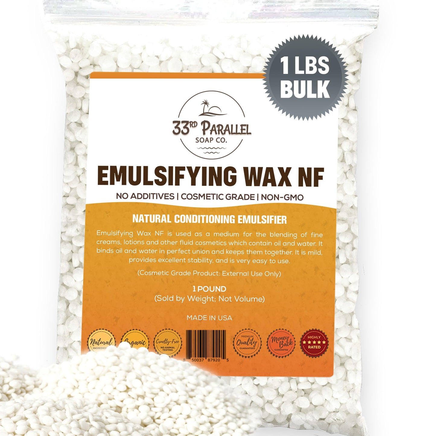 Non-GMO Emulsifying Wax NF Pastilles (1 LBS / 16 OZ) 100% Natural Plant Derived | For Lotions, Creams, Soap Making, Hair Products | Cosmetic Grade | Product of USA | 1 POUND