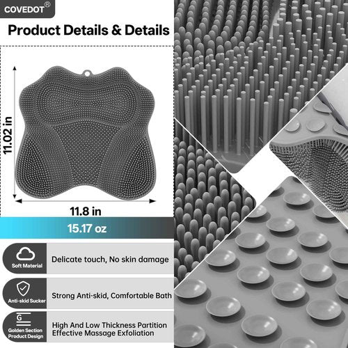 COVEDOT Dual-Sided Silicone Shower Foot Scrubber Mat – Foot Scrubber in Shower for Deep Cleaning & Exfoliation | Wall-Mounted Shower Foot Scrubber Mat & Back Cleaner for Men and Women (Grey, Standard)
