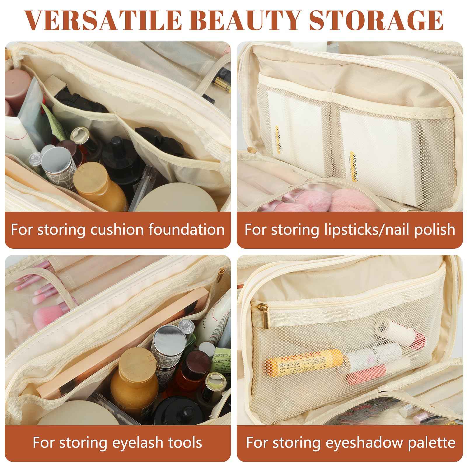 KEYPOWER Travel Makeup Bag Toiletry Bag Large Capacity Cosmetic Portable Waterproof Large Opening Vertical Free-Standing & Small Clutch for Women (White)