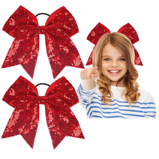 2 PCS 8" Christmas hair bows, Large Sequins Cheer Hair Bows Glitter Cheer Bows Ponytail Holder Elastic Band Handmade for Cheerleaders Teen Girls College Sports (Red)