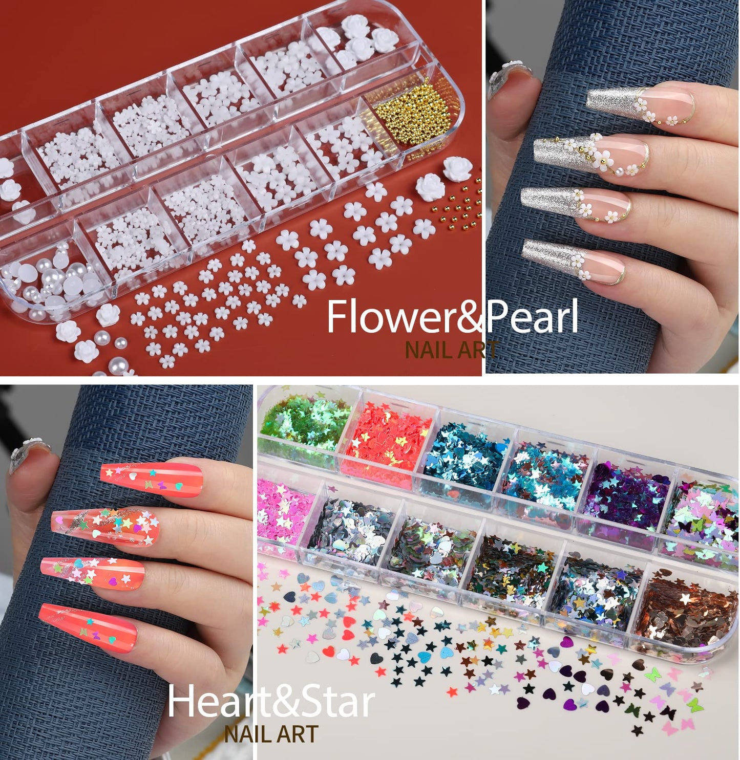 Teenitor 12 Sheets Nail Art Sticker Self-Adhesive, Flower Nail Stickers 5D Embossed Nail Decals, 5 Boxes Nail Art Glitter Sequins Flakes, Nail Art Design Tools Self Adhesive Nail Art Supplies