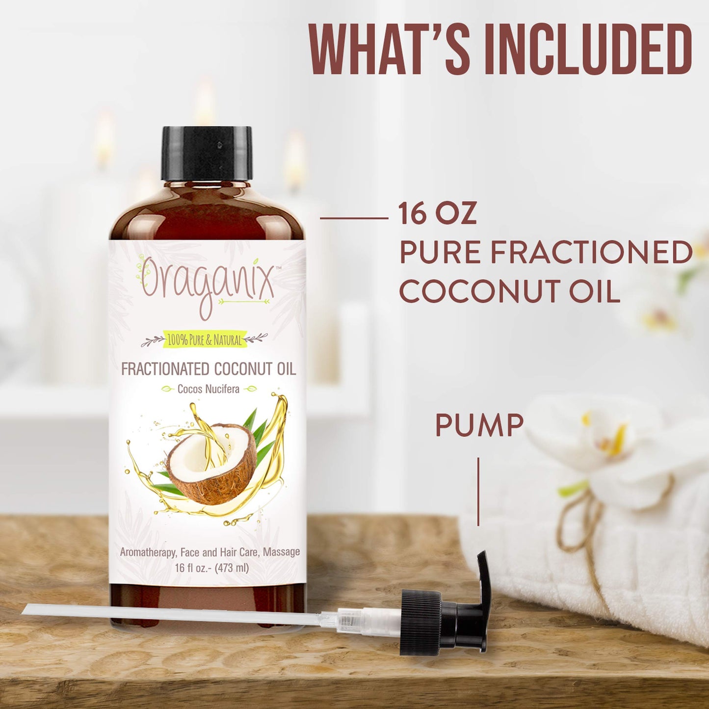 Oraganix Fractionated Coconut Oil - 100% Pure & Natural (16oz Bottle) - Carrier Oil for Essential Oils, Aromatherapy, Massage Oil or Skin Care