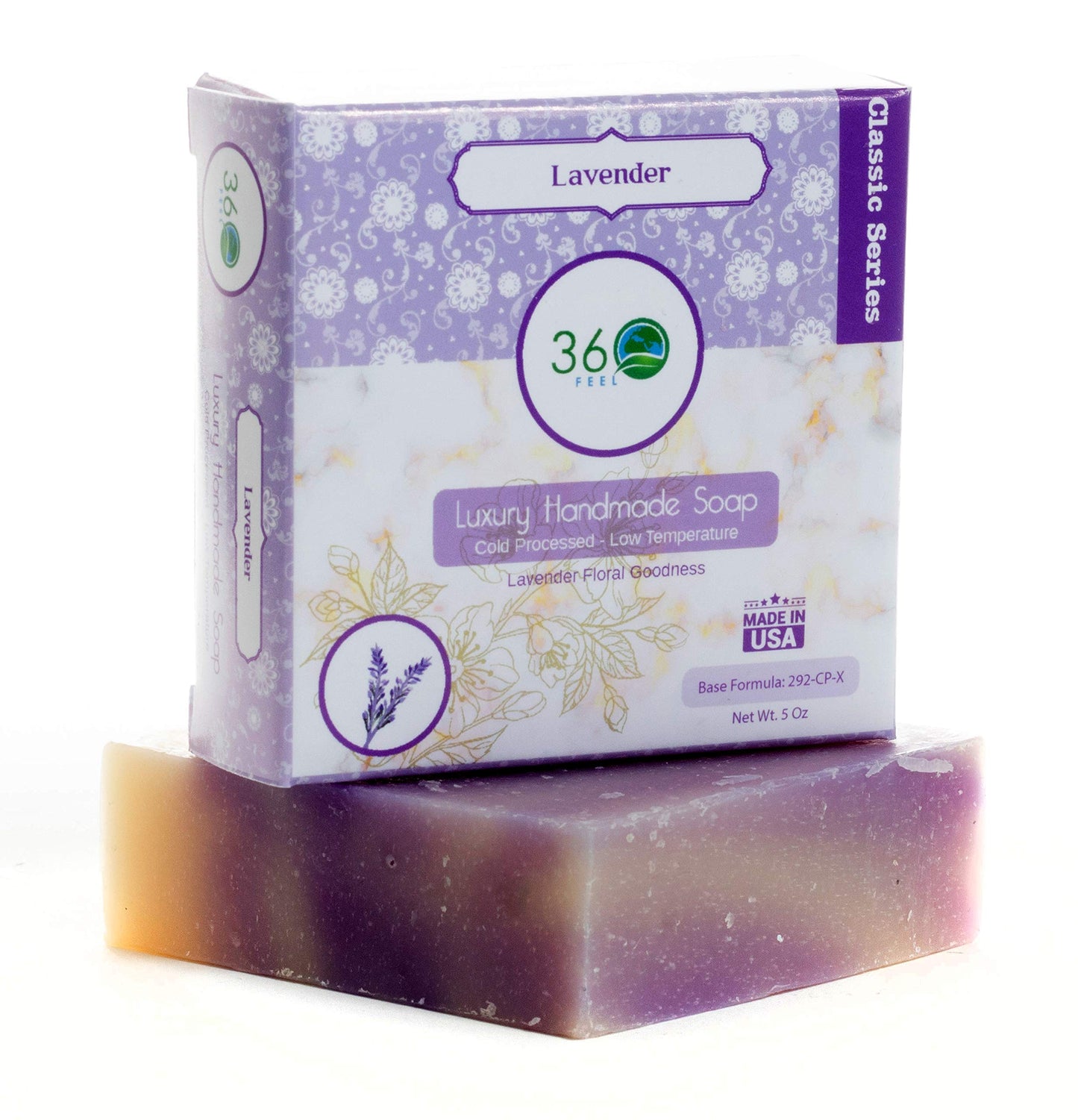 360Feel Lavender Soap -5oz Castile Handmade Soap bar - Lavender floral fragrance - Pure Lavender Essential Oil Natural Soaps- Great as Anniversary Wedding Gifts Christmas stocking stuffer