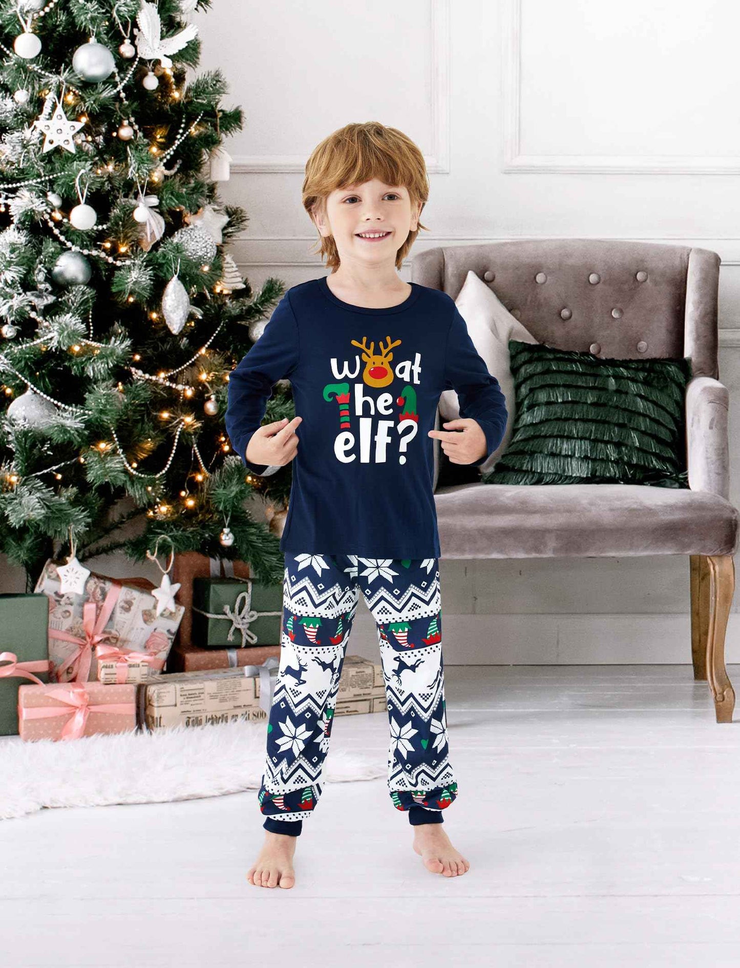 PATPAT Family Christmas Pajamas Matching Sets Funny “What the Elf” PJs Blue Holiday Sleepwear, Christmas Pajamas for Family with Baby, Kids, Adults, Couples including Socks