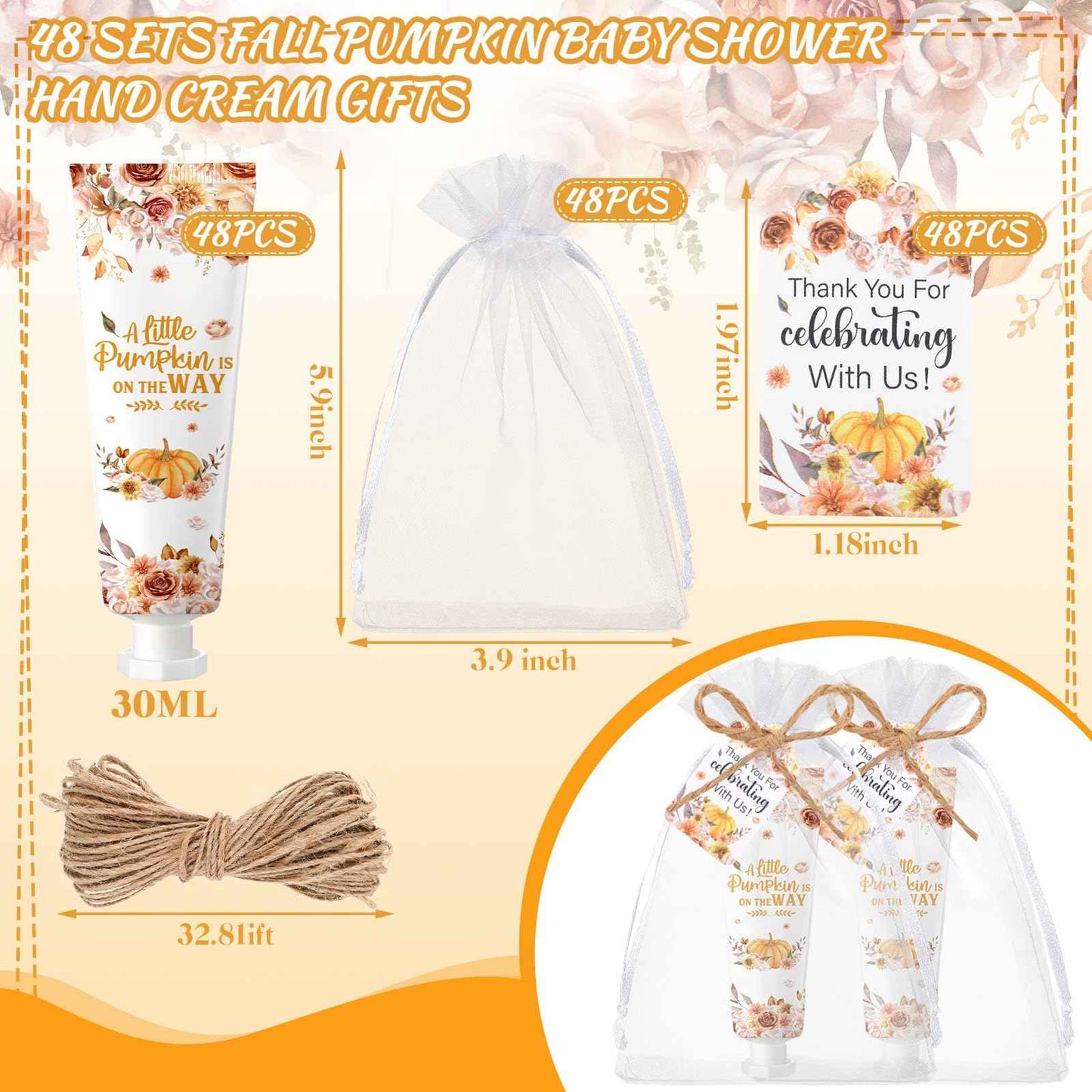 Dansib 48 Sets Thanksgiving Fall Hand Cream Bulk a Little Pumpkin Baby Shower Hand Cream Gifts Baby Shower Party Favors for Guests Travel Size Lotion for Autumn Party Supplies(Flower Pumpkin)