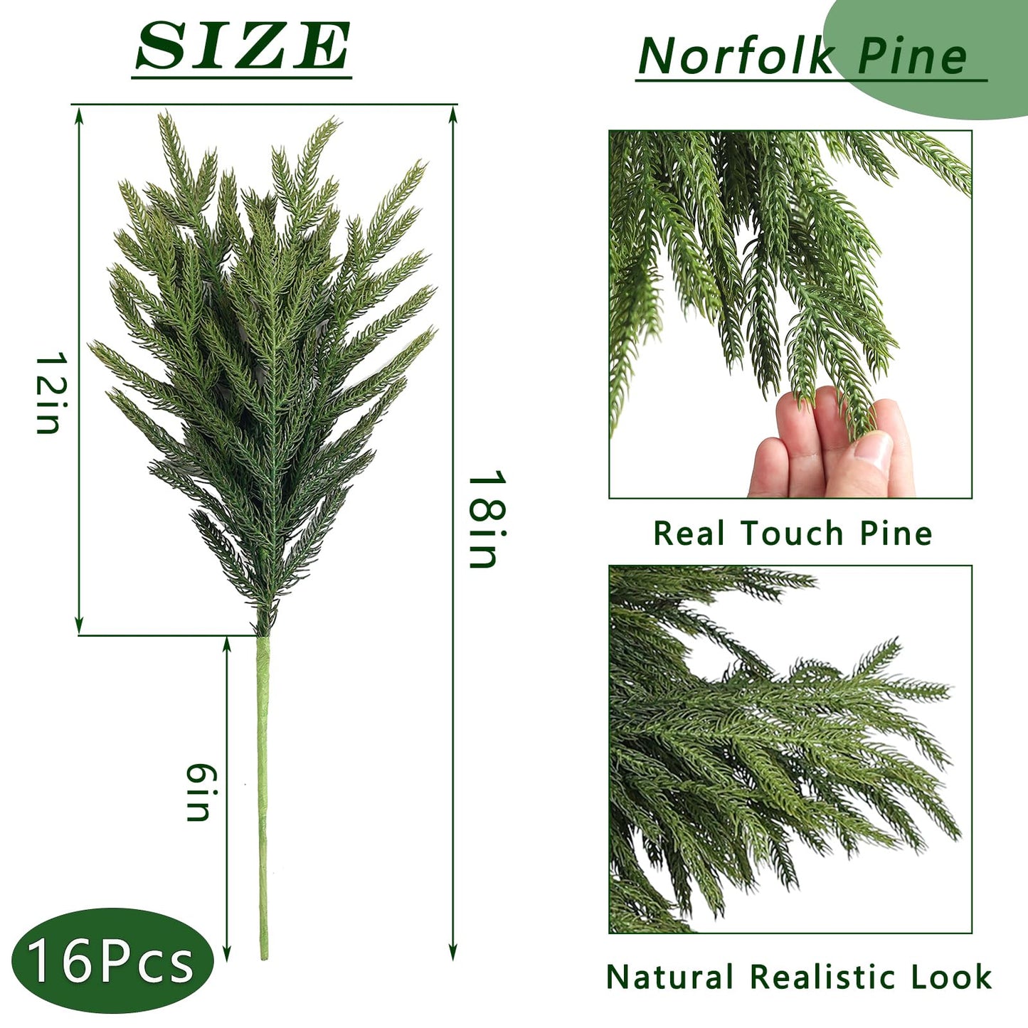 16 Pcs Real Touch Norfolk Pine Branch -18" Artificial Christmas Green Plants Branches Faux Greenery Stem Fake Cedar Pine Picks for Vase DIY Crafts Garland Wreath Xmas Indoor Outdoor Home Decor