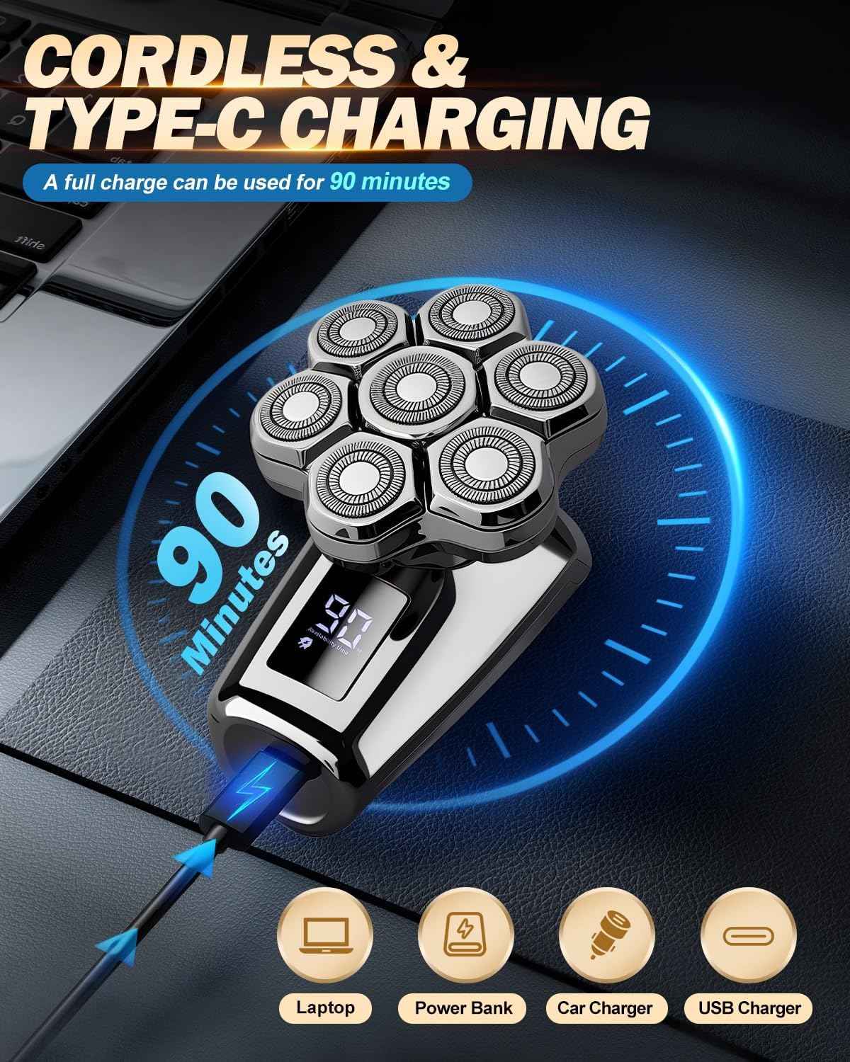 Voph Head Shavers for Bald Men, Electric Detachable Head Shaver for Male, Waterproof Wet Dry Body Bald Head Shaver, Rechargable Rotary Shavers/Razor for Husband Father Gifts Stocking Stuffers