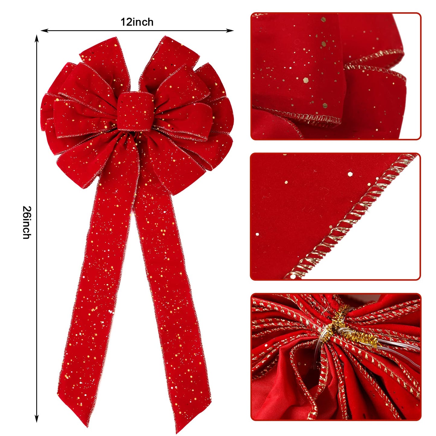 Yunlly 12 Pcs Extra Large Red Christmas Wreath Bows Outdoor Decorations 26 x 12 Inches, Giant Christmas Tree Topper Velvet Bow for Xmas Holiday Outside Supplies(Simple Style)