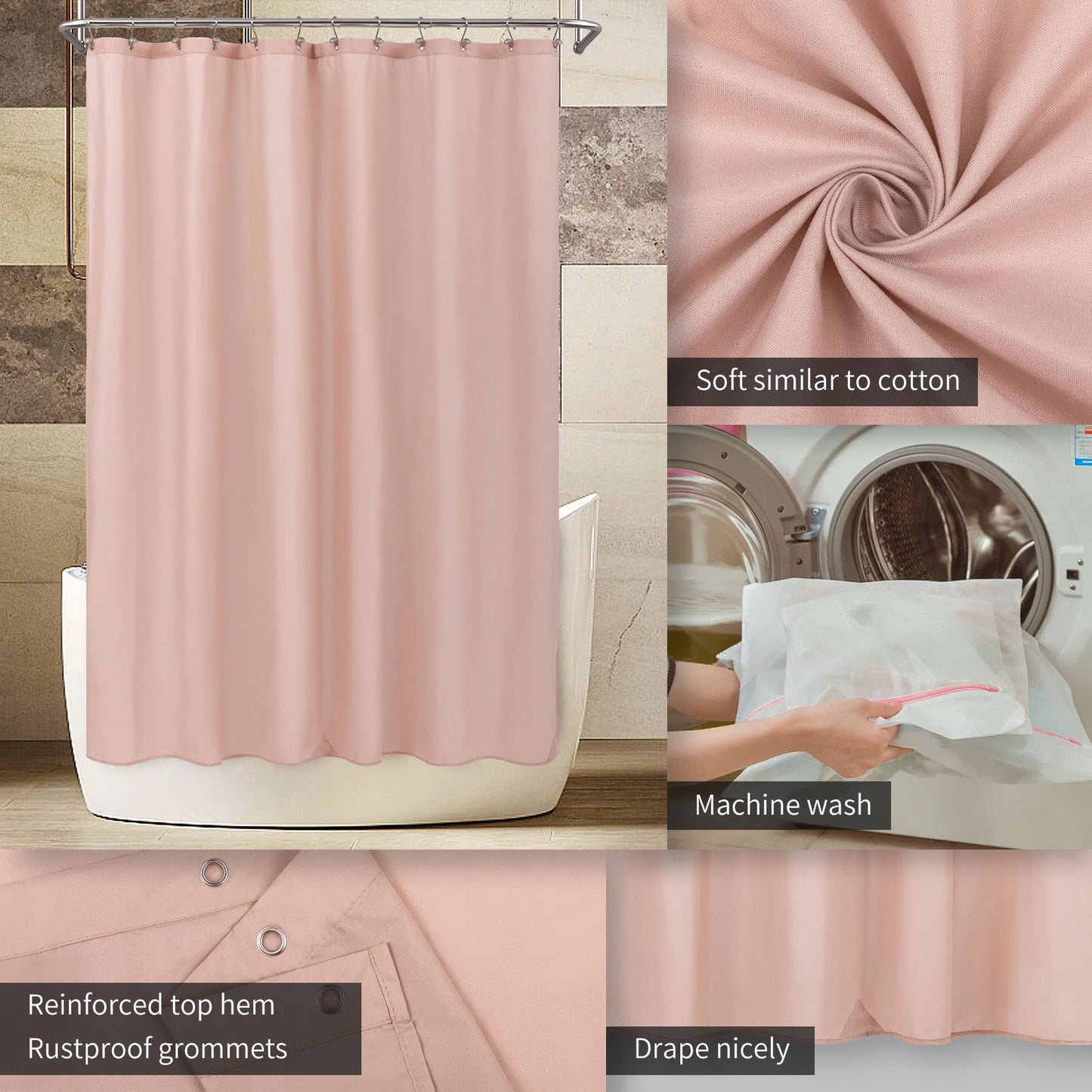 ALYVIA SPRING Pink Shower Curtain Liner Fabric with 3 Magnets - Waterproof Soft Hotel Quality Cloth Shower Curtain for Bathroom, Light-Weight & Machine Washable - Standard Size 72x72, Blush Pink