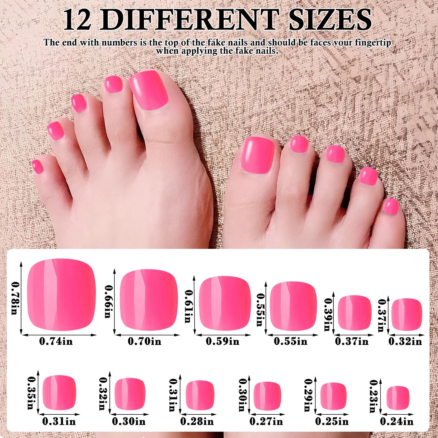 LuckForever Short Press on Toenails 240pc Glossy Hot Pink Press on Toenails Short Square Fake Toe nails Full Cover 10 Nail Adhesive Tabs,Small Wooden Sticks & Nail Files False Toenails for Women