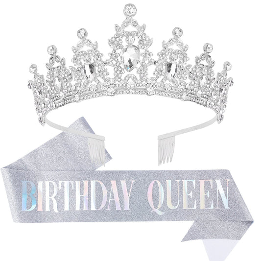 Velscrun Happy Birthday Queen Crown and Sash, Crowns for Women Birthday Queen Sash, Tiara for Women Birthday, Silver Tiaras and Crowns for Women, Happy Birthday Decorations Accessories for Women