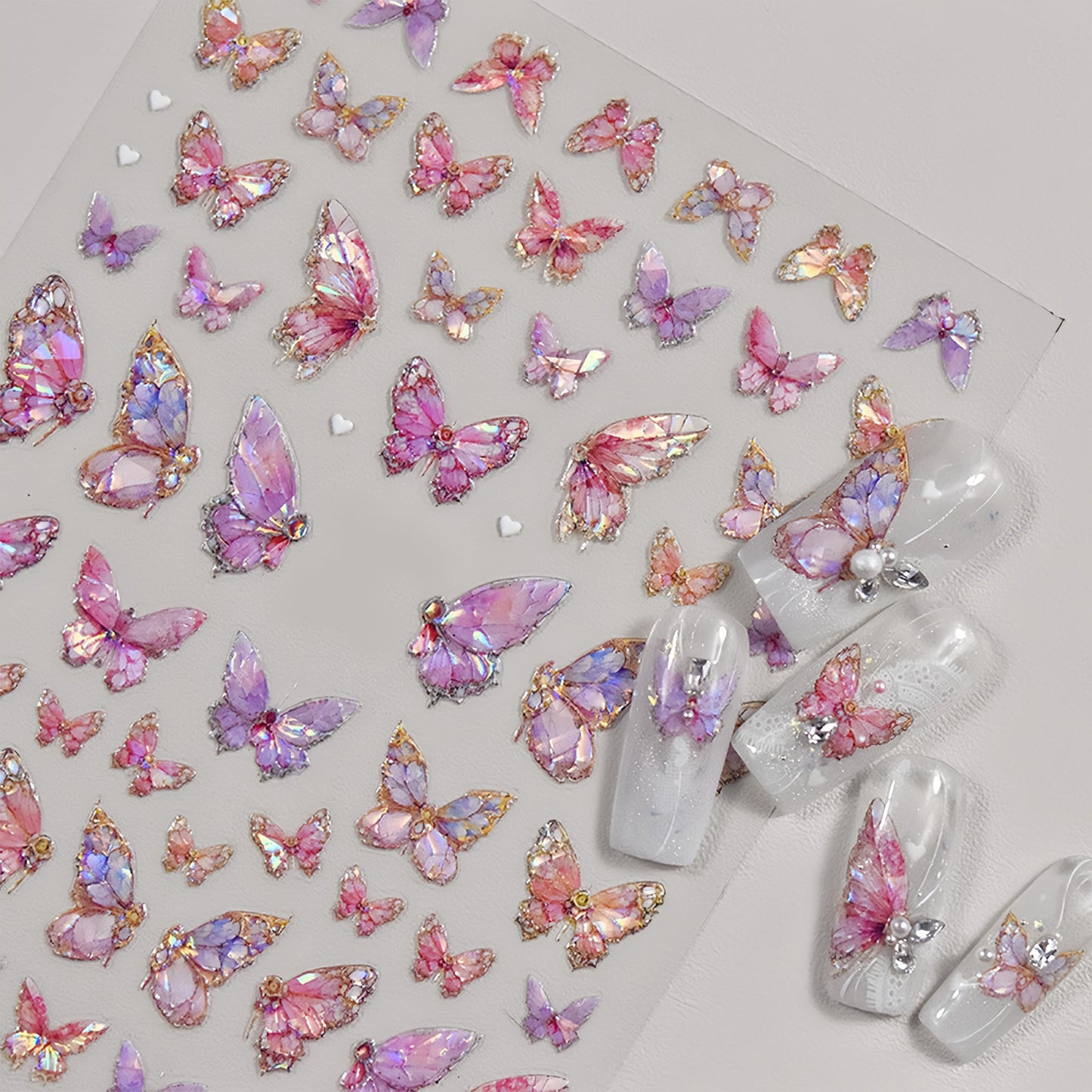 2Sheets Butterfly Nail Art Stickers 5D Embossed Aurora Butterfly Nail Decals Pink Aurora Shining Butterfly Nail Design Self-Adhesive Nail Art Supplies Butterfly Stickers for Women DIY Nail Decorations