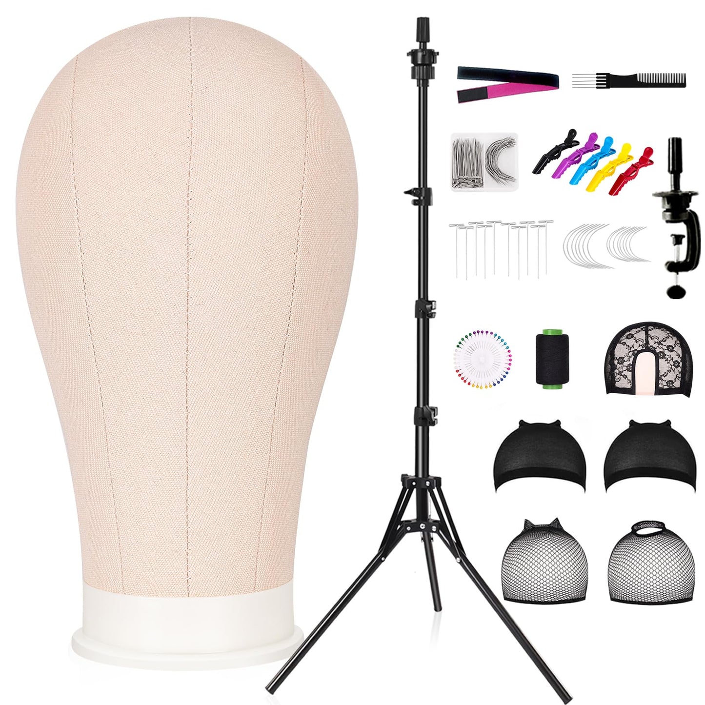 GHWMYD 22 Inch Canvas Wig Head Mannequin HeadWig Stand Tripod Manikin Canvas Head Set for Wigs Making Display Styling Head with Tripod Table Clamp Wig Caps Pins Set Hair Brush&Clips (Beige