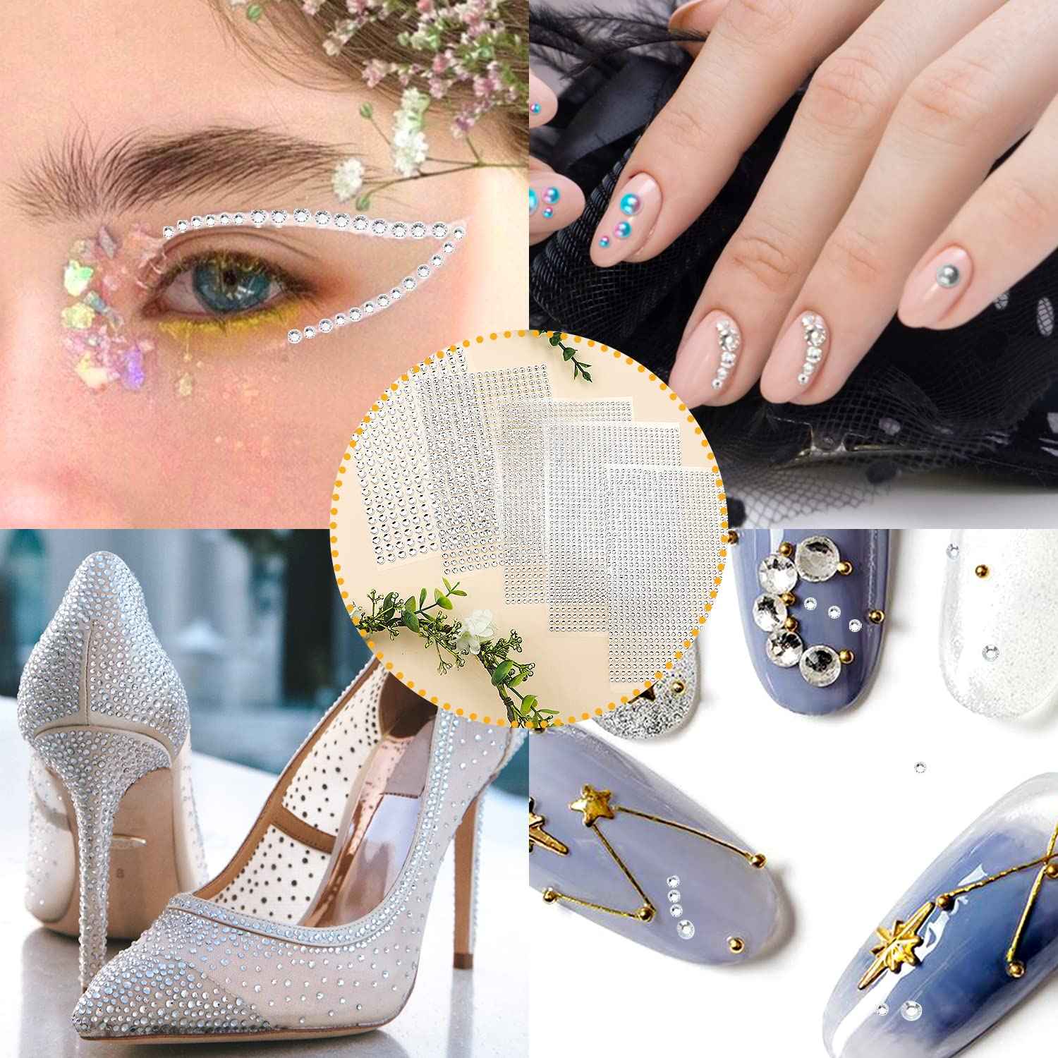 3729pcs Self Adhesive Rhinestone Stickers, Clear Rhinestone Stickers Crystal Gem Stickers 3/4/5/6mm for Makeup Stick on Face Jewels Decoration Nail Hair Crafts