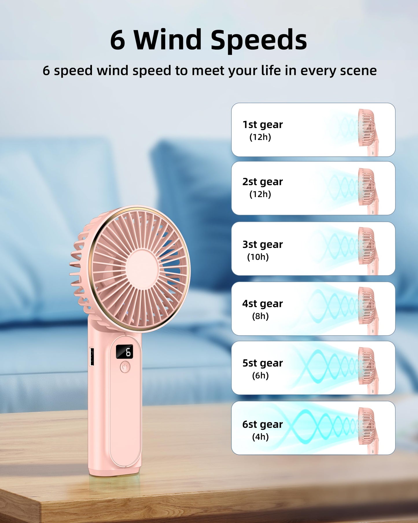 TUNISE Portable Handheld Fan, Portable Fan Rechargeable, 4000mAh, 180° Adjustable, 6 Speed Wind, Display Electricity in Real Time, USB Rechargeable Foldable Fan, Quiet Personal Fan with Power Bank