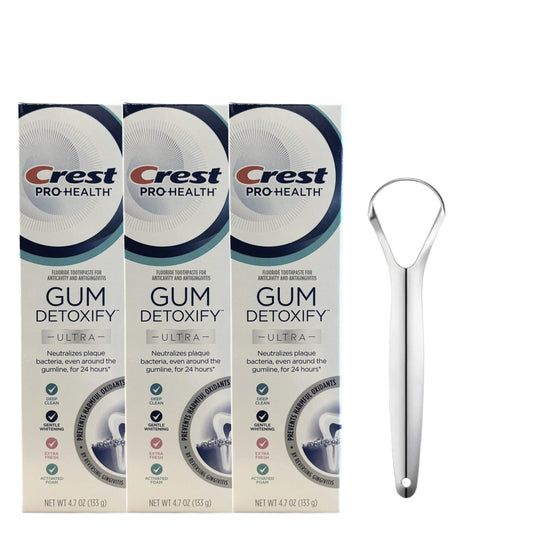 Crest Pro-Health Gum Detoxify Ultra Toothpaste with Gentle Whitening 4.7 oz (Pack of 3) Gum and Enamel Protection Bundle with Stainless Steel Tongue Cleaner Pro