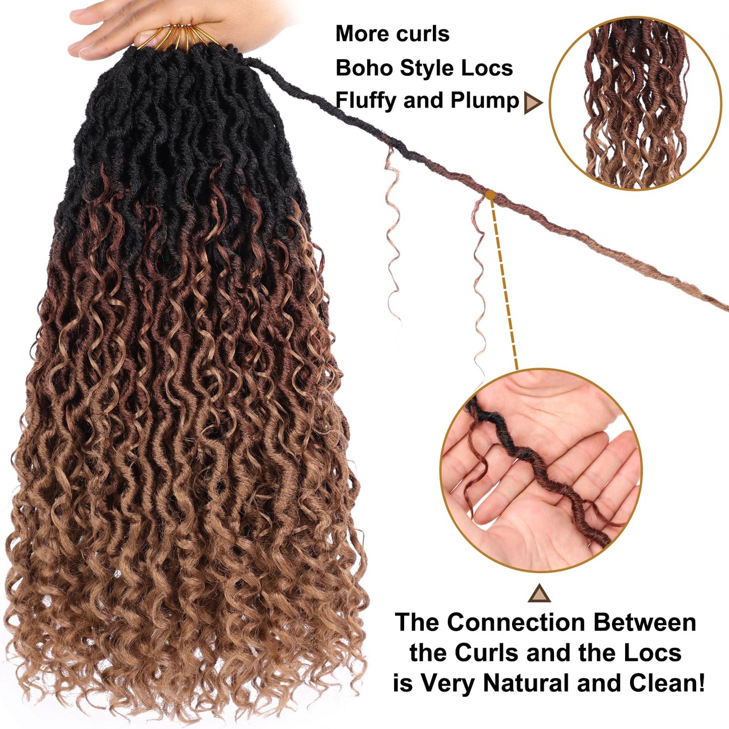 COOKOO 18 Inch New Goddess Locs Crochet Hair 8 Packs Ombre 3 Tones Wavy Faux Locs Synthetic Hair with Curls Pre Looped Curly Crochet Locs for Black Women Boho Hippie Locs Hair Extensions 1B/30/27#