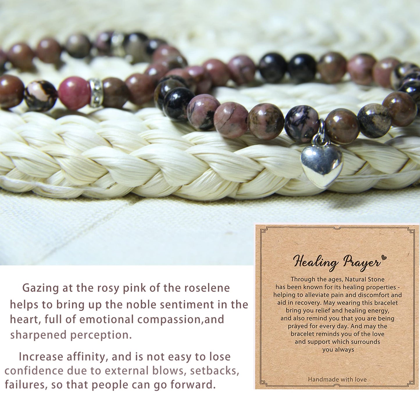 Healing Bracelets for Women - Rhodonite Bracelet - Healing Prayers Crystal Bracelet, 8mm Natural Stone Anti Anxiety Stress Relief Yoga Beads Get Well Soon Gifts