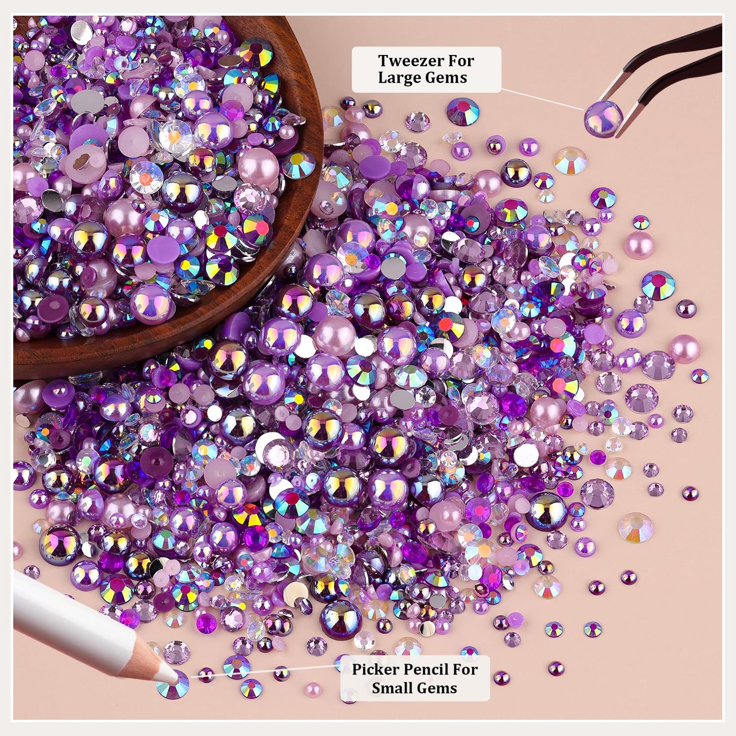 9000PCS Flatback Pearls and Rhinestones for Crafting, Purple 3-10mm Resin Rhinestones and Half Pearls for Bedazzling, Nail Art and Dec with 3pcs B7000 Jewelry Glue, Tweezer and Pickup Pencil