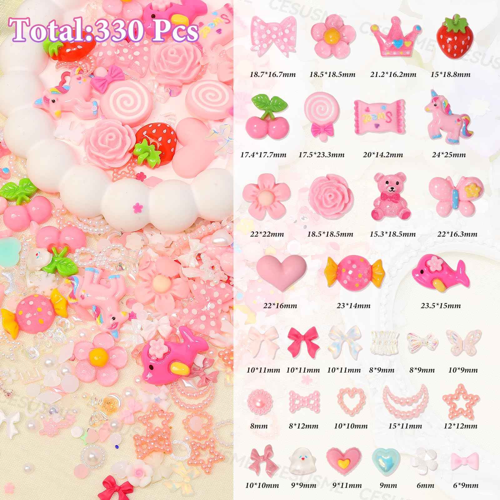 330 Pcs Junk Case Charm Kit, Bear Candy Cartoon Junk Phone Case Charm, Pink White Moon Star Pearls for Junk Cases, Flatback Resin Slime Charms for Nail Art Supplies Craft DIY