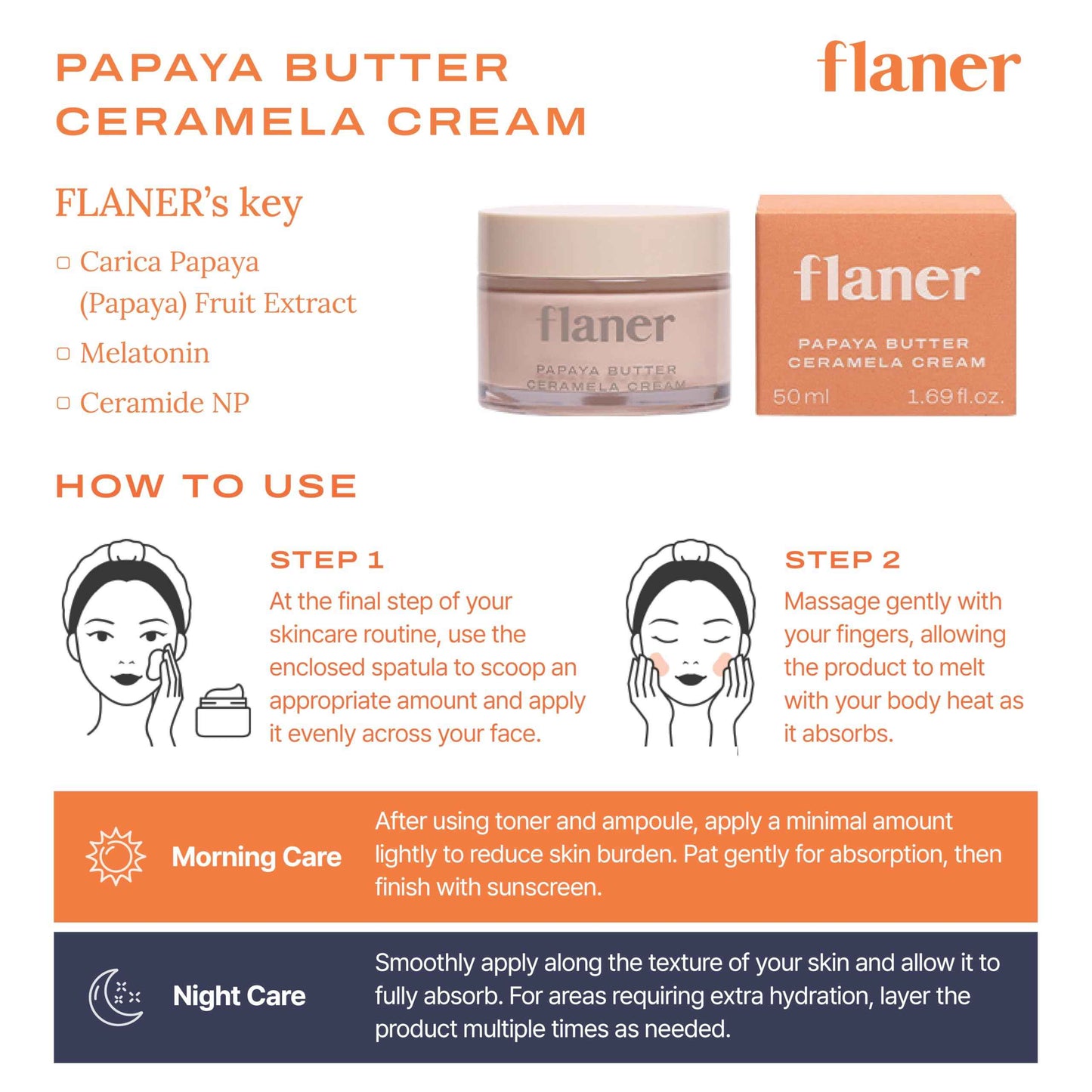 flaner Papaya Ceramela Moisturizer Cream – Dual-Function Wrinkle Firming and Brightening Face Cream, Ceramide & Melatonin, Lightweight Ceramide Cream for Dry Skin, Korean Skincare, 1.69 fl. oz