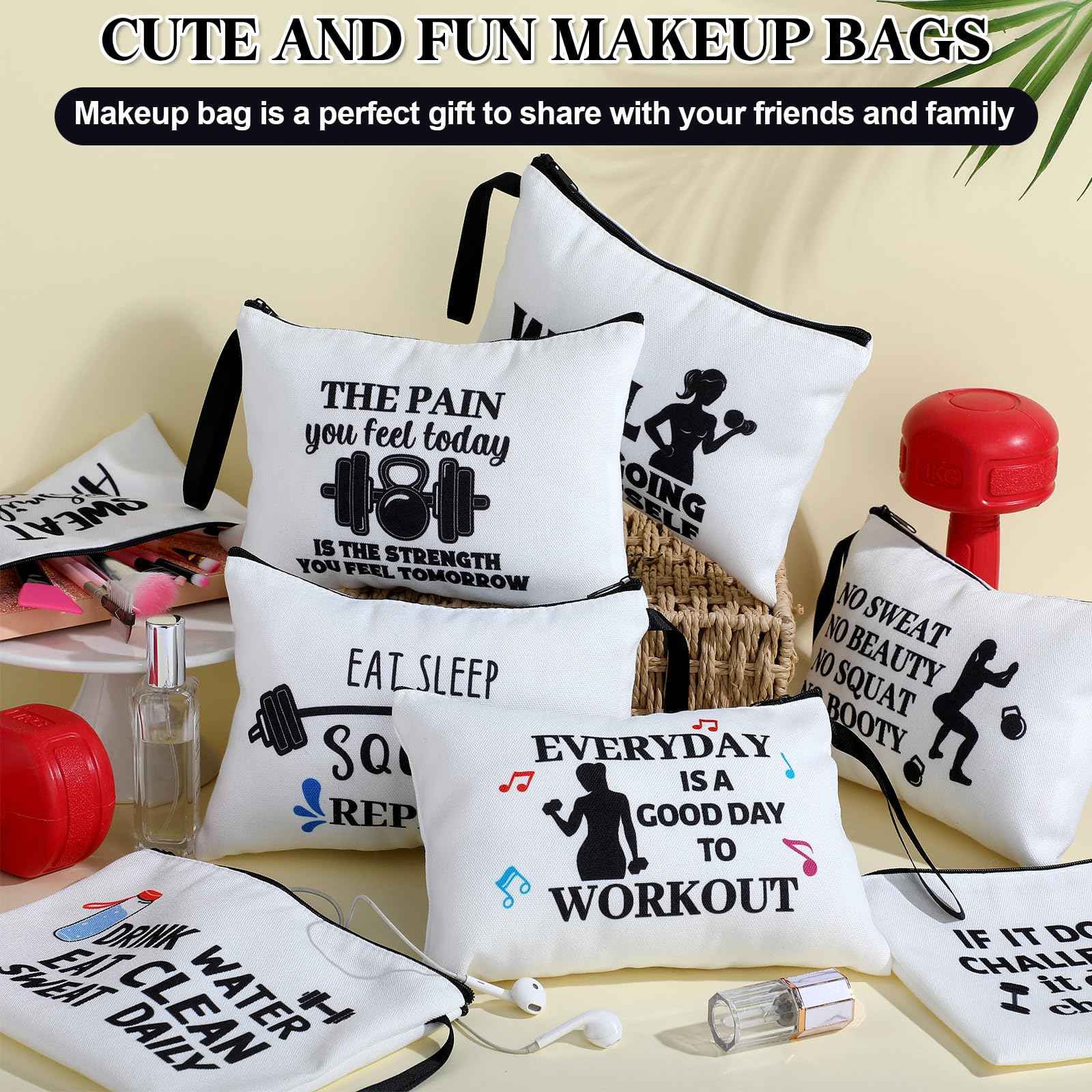 SilTriangle 8 Pcs Workout Cosmetic Bags Workout Gifts Funny Sports Lover Gym Gifts Gym Fitness Makeup Bags for Women Body Builder Zipper Pouch for Fitness Bodybuilding Lovers