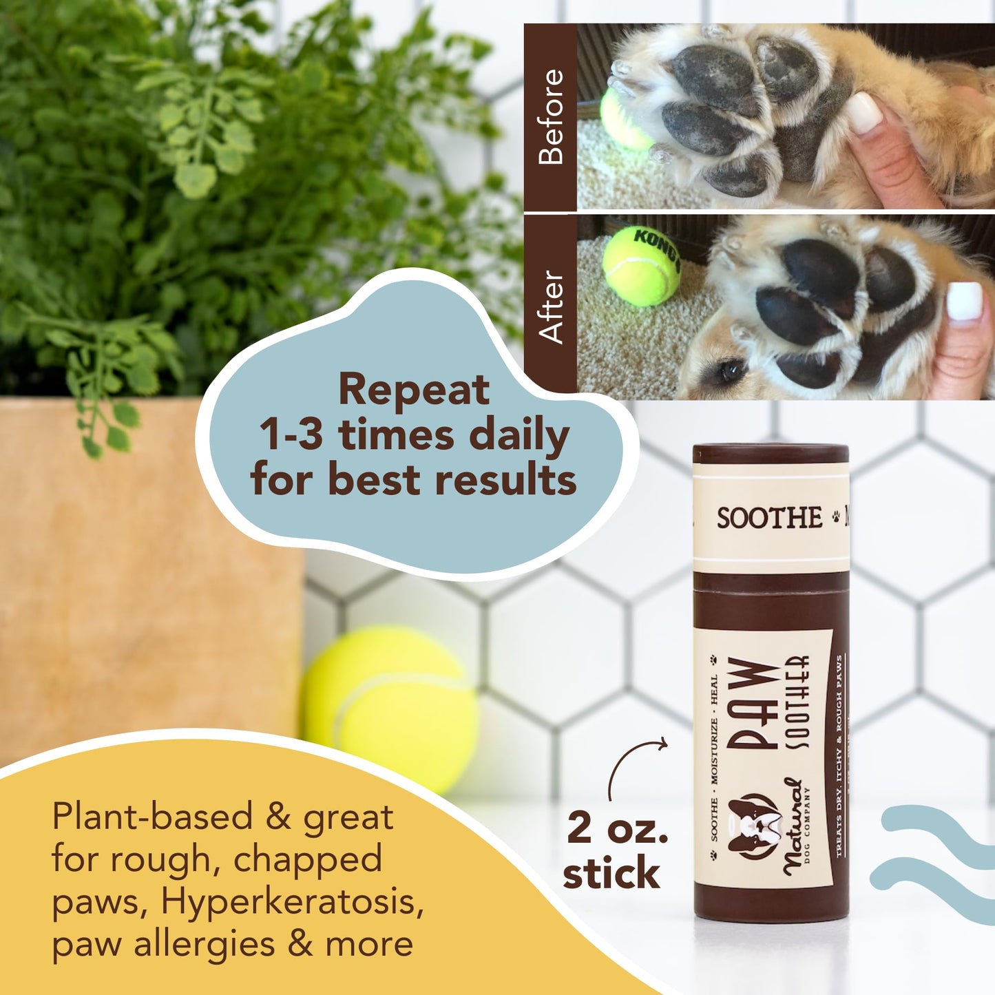 Natural Dog Company Paw Soother Balm, 2 oz. Stick, Dog Paw Cream and Lotion, Moisturizes & Soothes Irritated Paws & Elbows, Protects from Cracks & Wounds