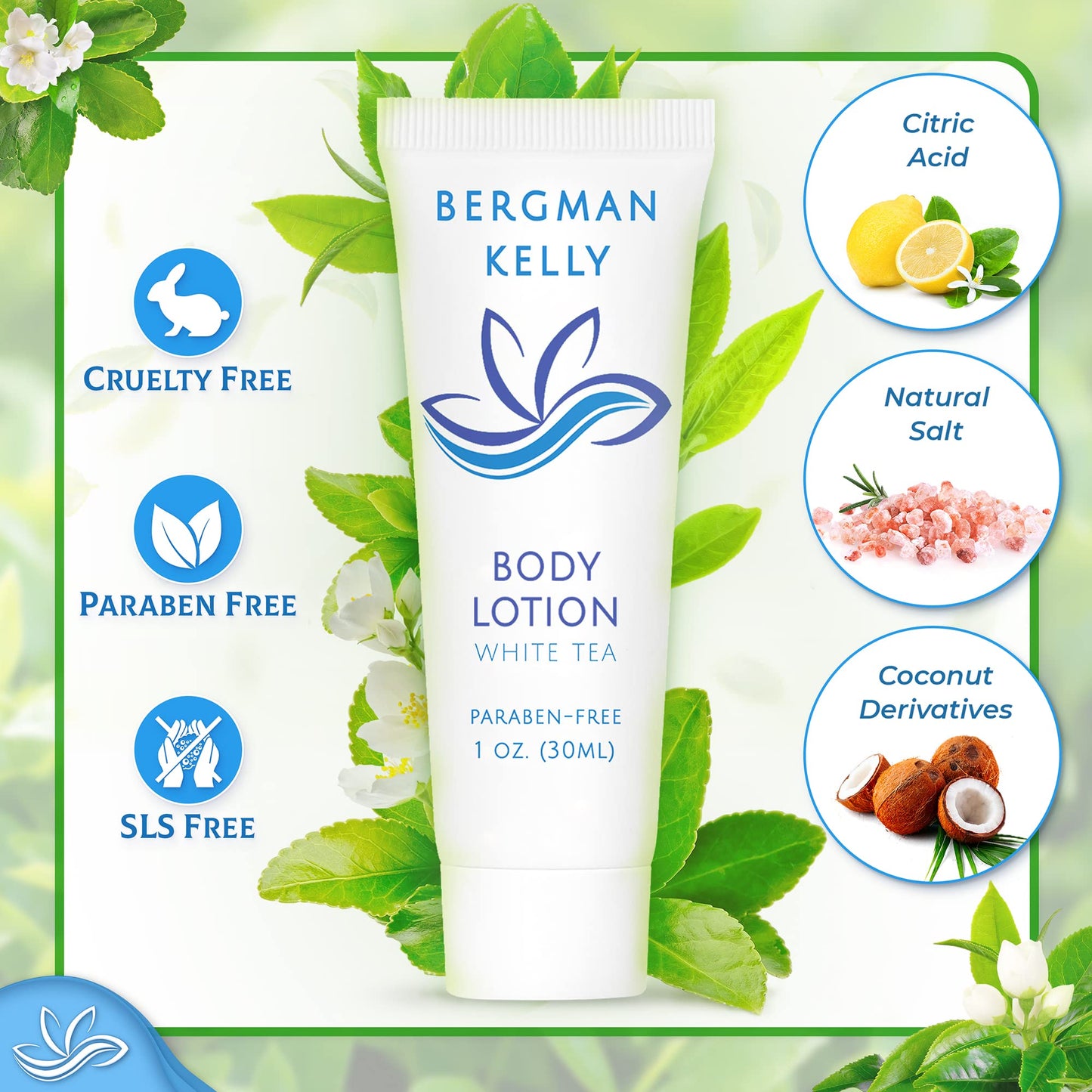 BERGMAN KELLY - Travel Size Lotion - 1 fl oz, 100 PK, White Tea - Delight Your Guests with Invigorating and Refreshing Body Lotion - Quality Mini and Small Size Guest Hotel Toiletries in Bulk