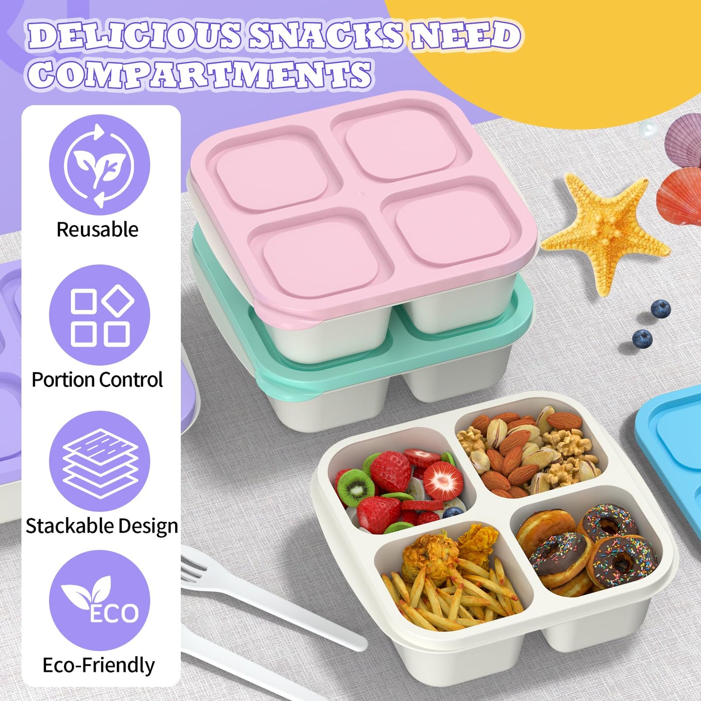 RGNEIN Bento Lunch Box for Kids (4 Pack) - 4-Compartment Salad Container for Lunch, Reusable BPA-Free Food Prep Containers, Snack Container for School, Work, and Travel (White Body)