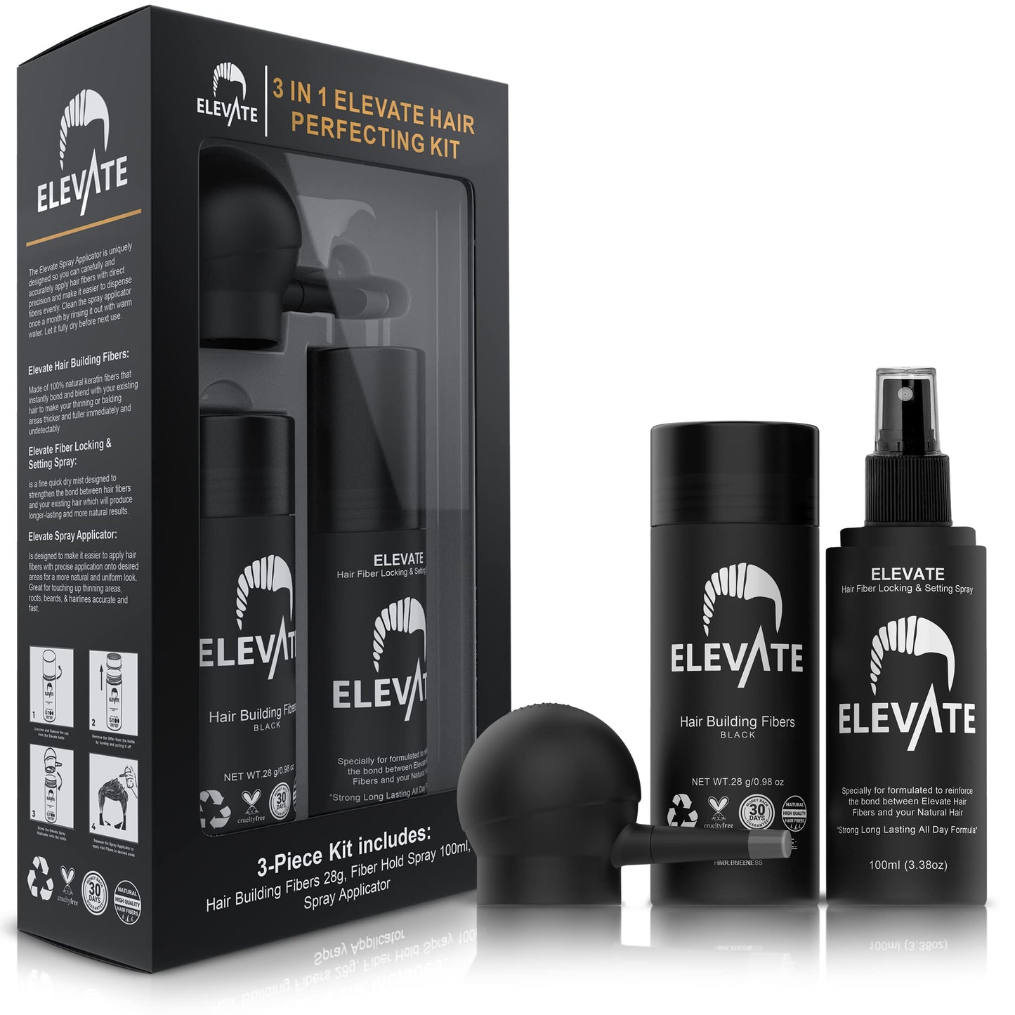 ELEVATE Hair Perfecting 3-in-1 Kit Set Includes Natural Hair Thickening Fibers & Spray Applicator Pump Nozzle & Locking Setting Hold Hair Spray | Instantly Conceal Balding Hair Thinning Areas (Black)