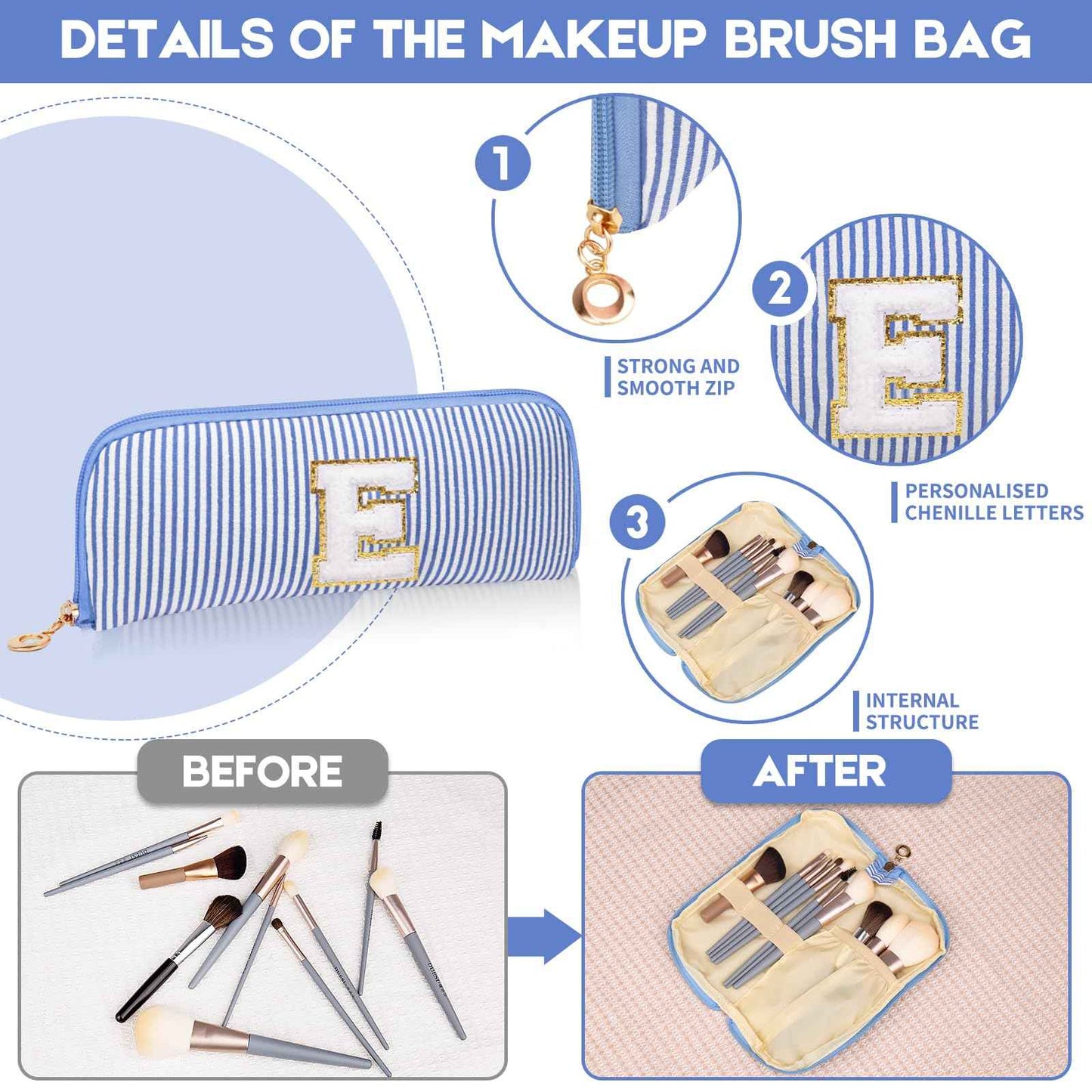 Junesters Initials Makeup Bag Set, Personalized Blue Cosmetic Bag, Cute Large Make up Bags, Travel Toiletry Bag for Women Girl Gifts E (Blue)