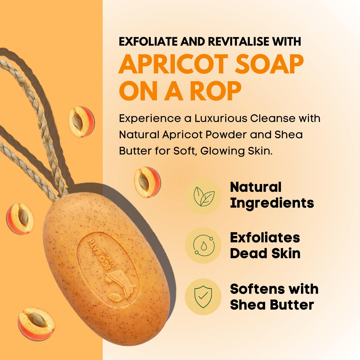 Eco Bath London Apricot Soap on a Rope 220g- Luxury Eco-Friendly Apricot Soap Bar, Scented Body Wash Bar with Shea Butter, Natural Shower Gel Bar for Smooth and Hydrated Skin