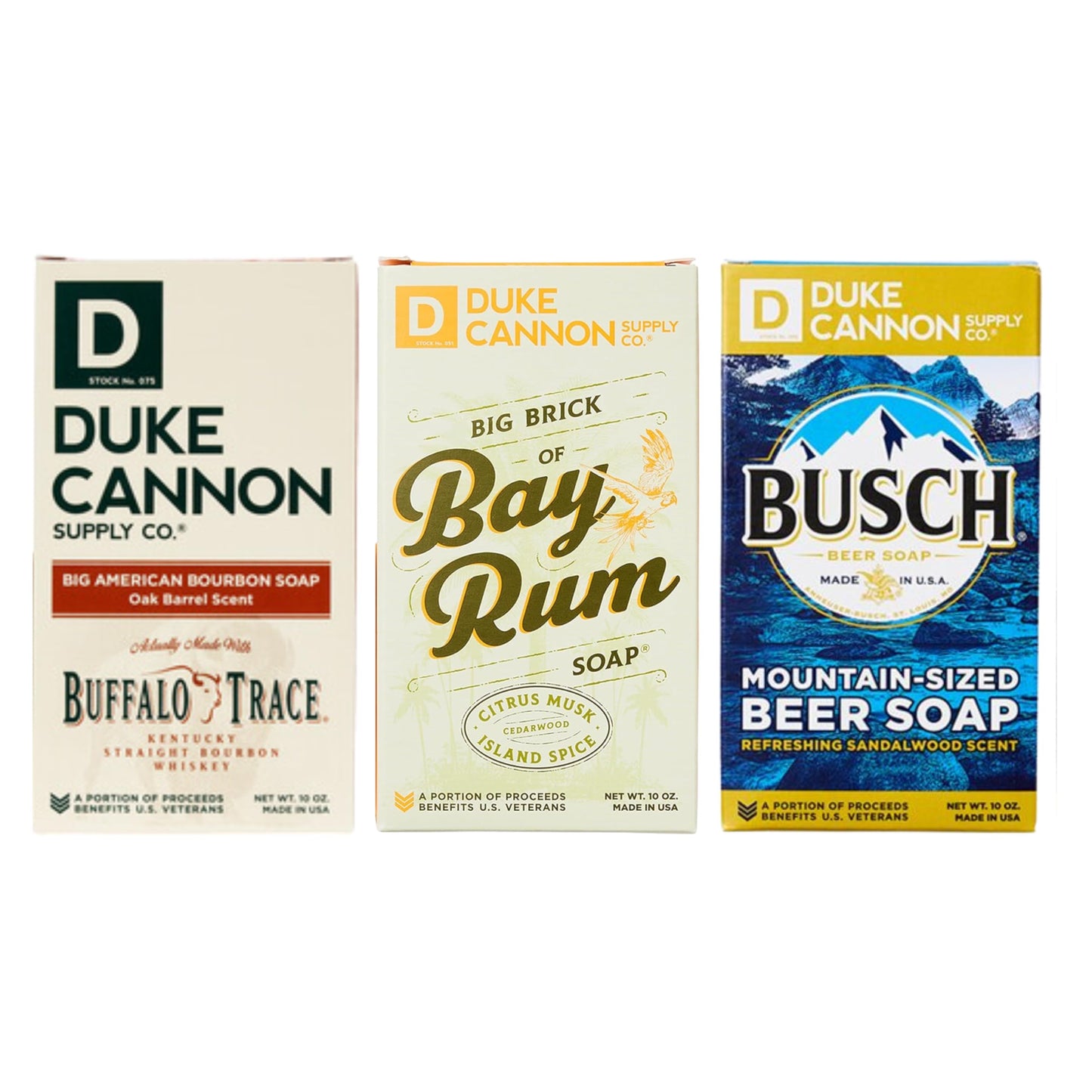 Duke Cannon Booze Soap 3-Pack Bourbon, Bay Rum, & Busch Beer - 10 oz Bars with Rich Oak Barrel, Citrus Musk, & Sandalwood Scents - Triple Milled, Large Size