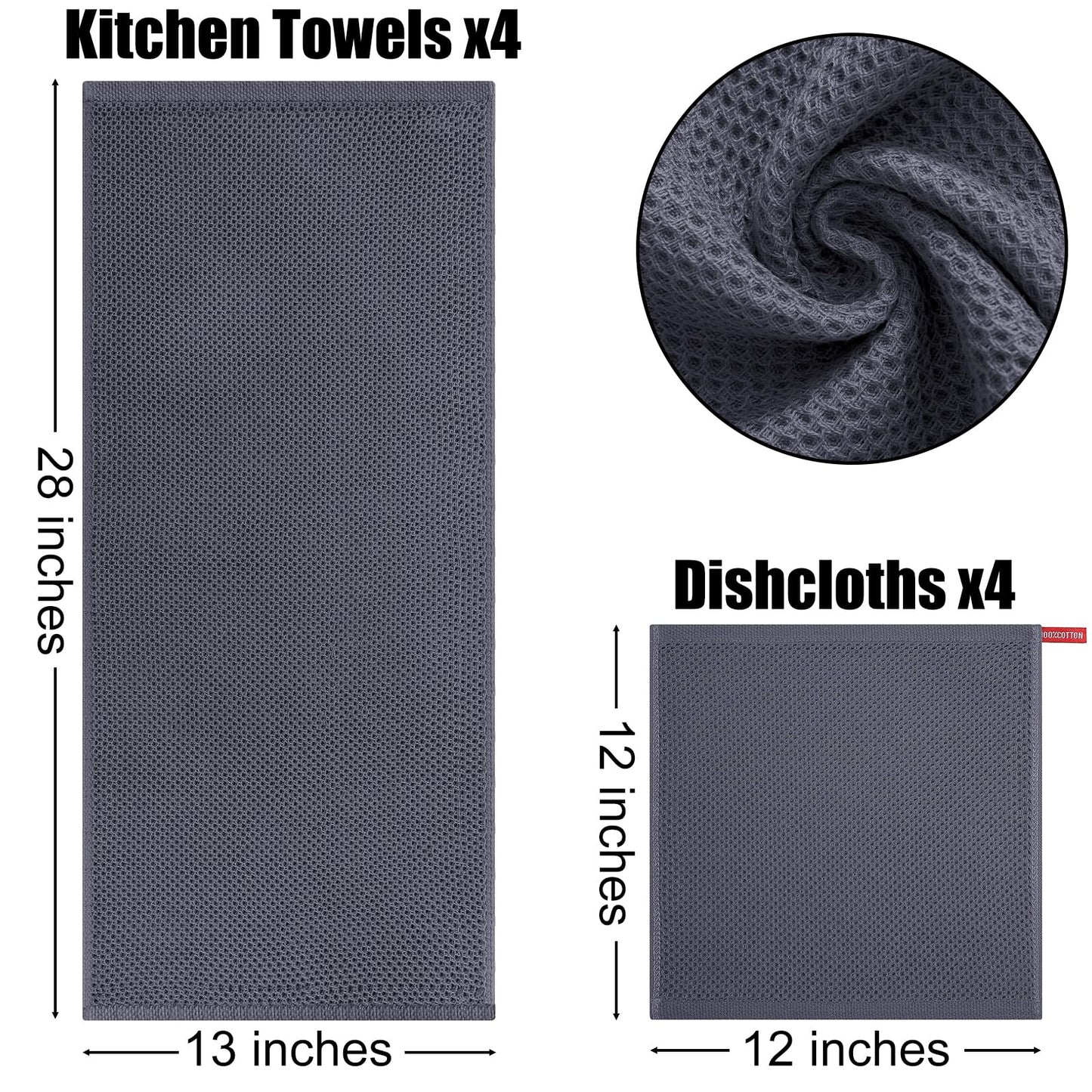 Kitinjoy 100% Cotton Kitchen Towels and Dishcloths Set, 8 Pack Waffle Weave Dish Towels Ultra Soft Absorbent Quick Drying Dish Rags, 13 x 28 Inch and 12 X 12 Inch, Dark Grey