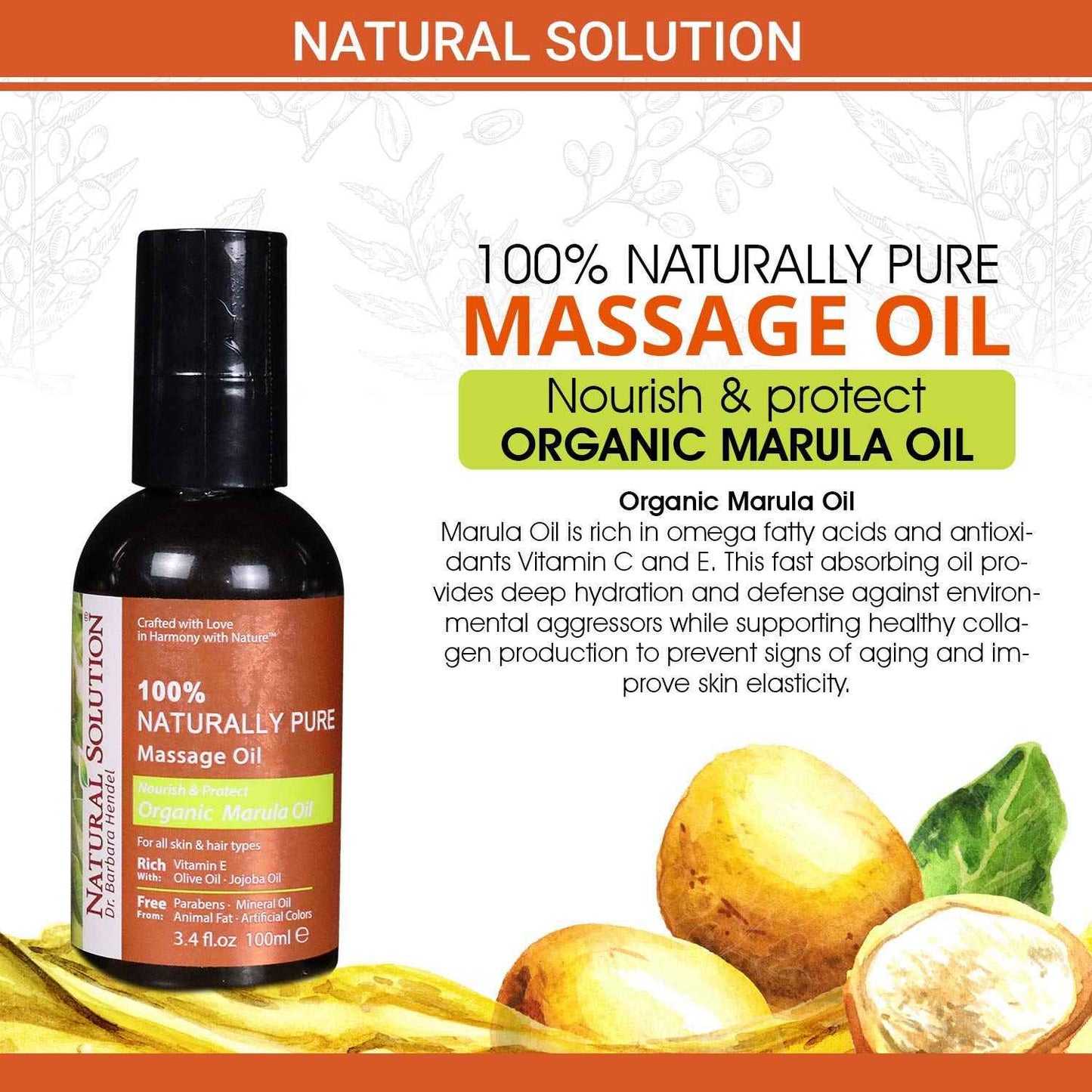Natural Solution 100% Naturally Pure Massage Oil,for Aromatherapy Relaxing Massage,Organic Marula Oil,Jojoba Oil & Olive Oil,Hair & Skin Care Benefits,Nourish & Protect - 3.4 oz Oily 8606E