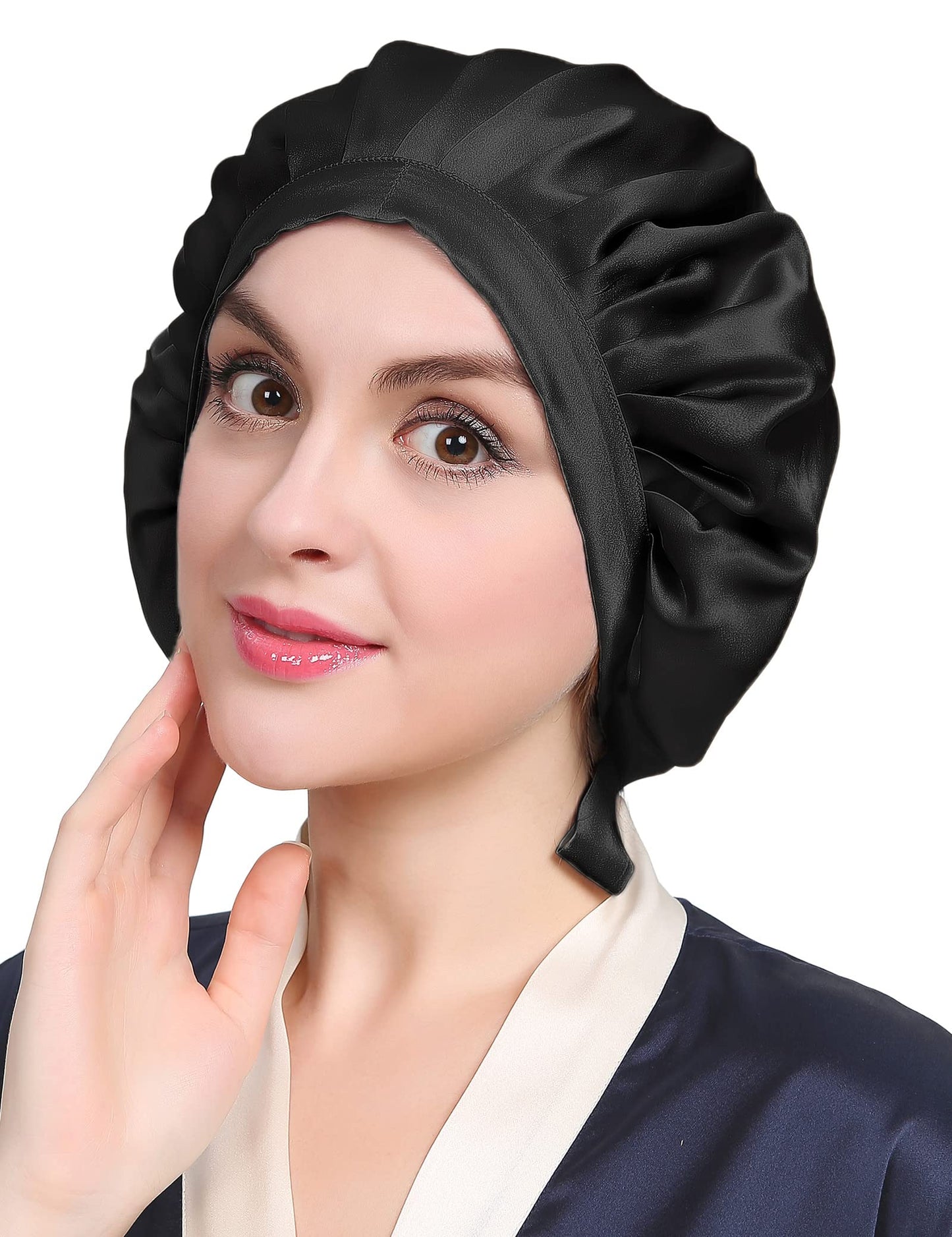 LILYSILK 100% Mulberry Silk Bonnet, 19 Momme Silk Night Sleep Cap Adjustable Hair Wrap for Sleeping, Black