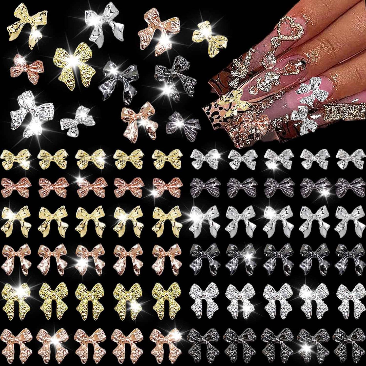 KACHIMOO 120 PCS Bow Nail Charms Silver Gold Black Rose Gold Bowknot Nail Art Charm 3D Alloy Bow Charms for Nail Art Design