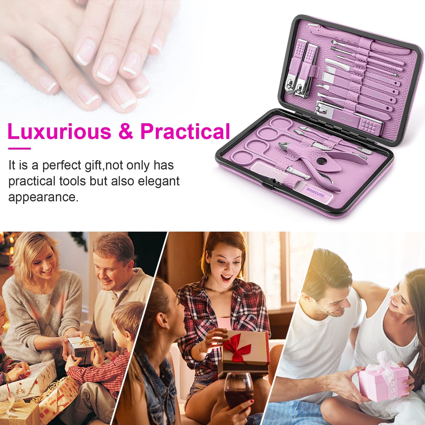 Manicure Set Professional Pedicure Kit Nail Clippers Kit - 18 pcs Nail Care Tools - Grooming Kit with Luxurious Upgraded Travel Case (Purple)