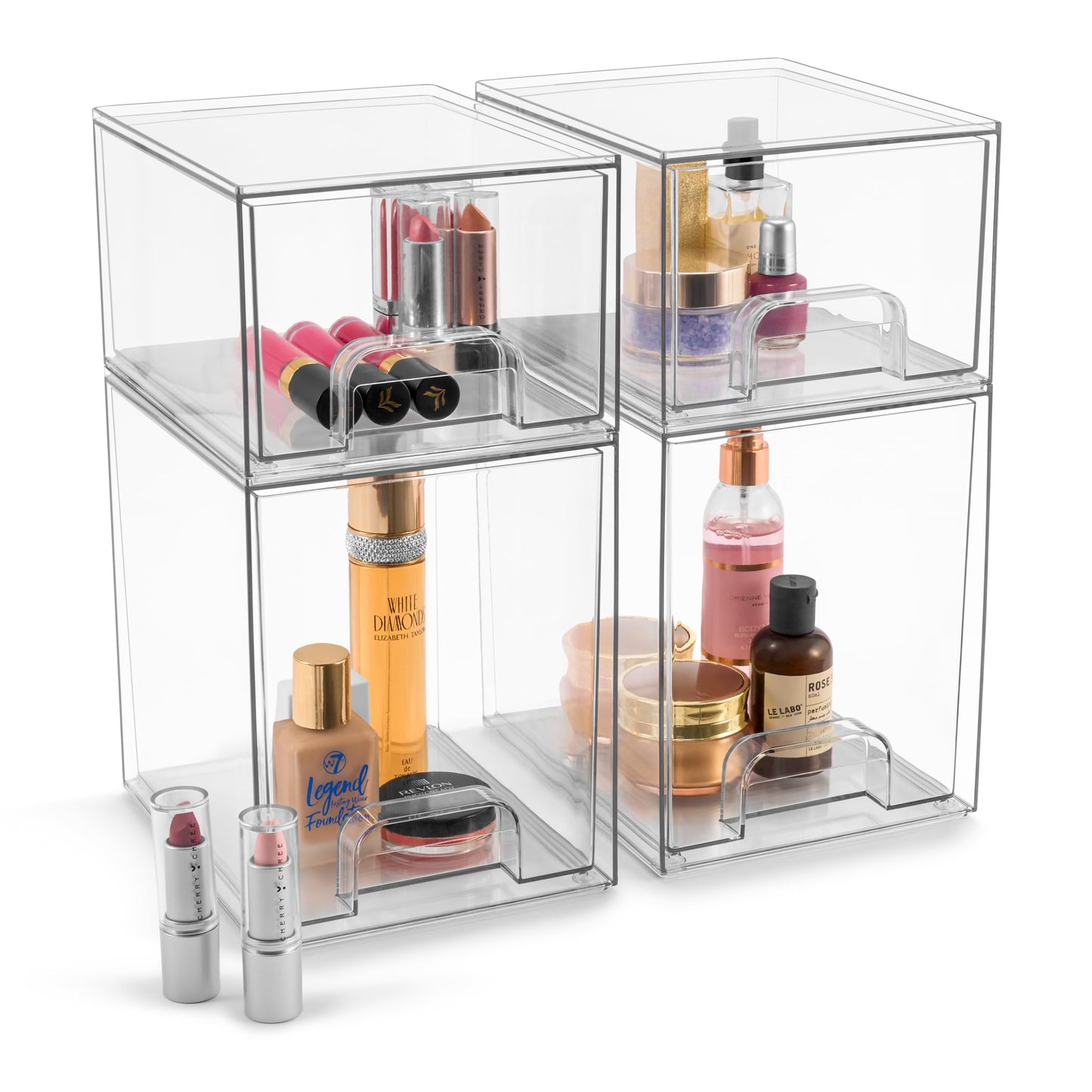 Sorbus Acrylic Storage Containers - 4 Pack, Stackable Storage Bins Set for Bathroom Organization - Clear Acrylic Drawer Organizers - Makeup Case Pull-Out Drawers (7.6’’ and 4.4’’ Tall)