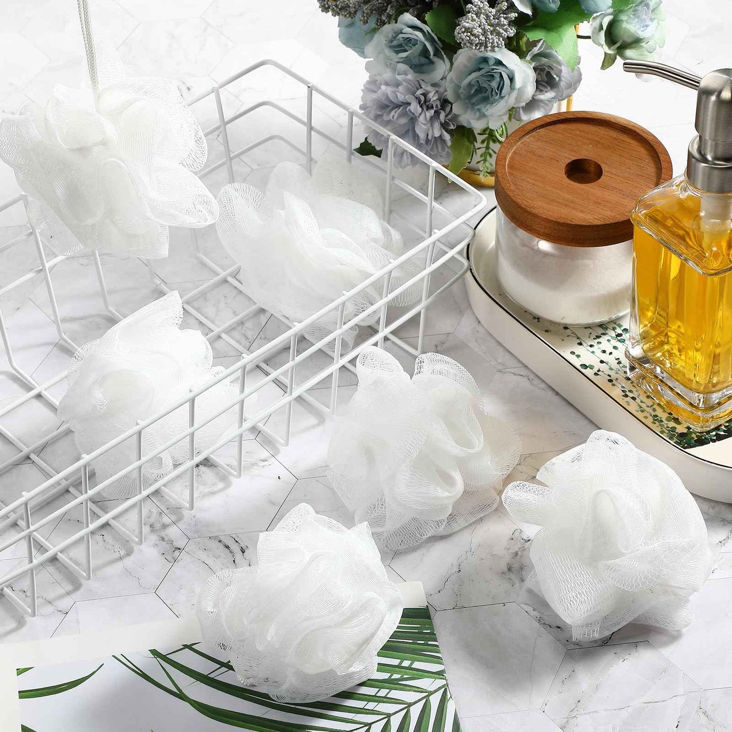 Suttmin 50 Pcs Loofah Sponge Bulk Mini Shower Sponge 3 Inch Loofahs Shower Pouf Mesh Shower Ball for Women Kids Men Exfoliating Bath Scrubber Travel Size Shower Gift(White)